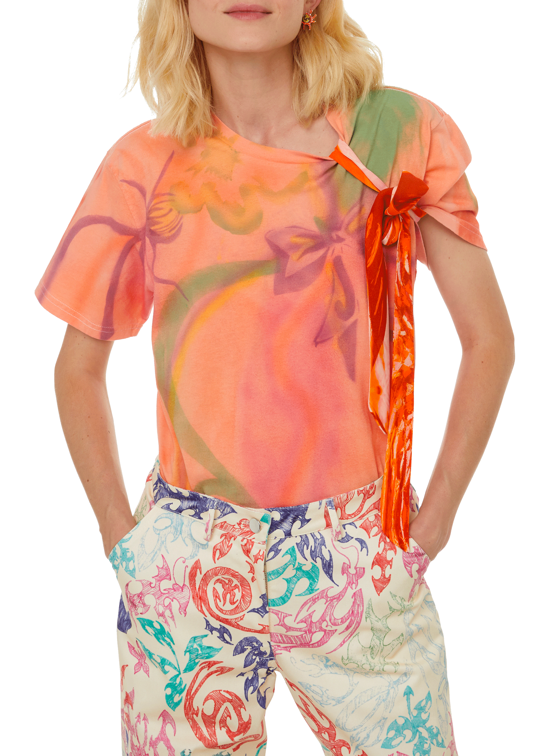 T-shirt imprimé avec noeud en coton organique COLLINA STRADA Orange