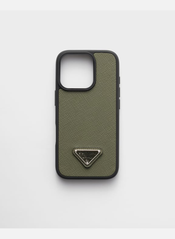 Coque pour iphone16pro en cuir saffiano Vert by PRADA PRADA Coque pour iphone16pro en cuir saffiano Vert