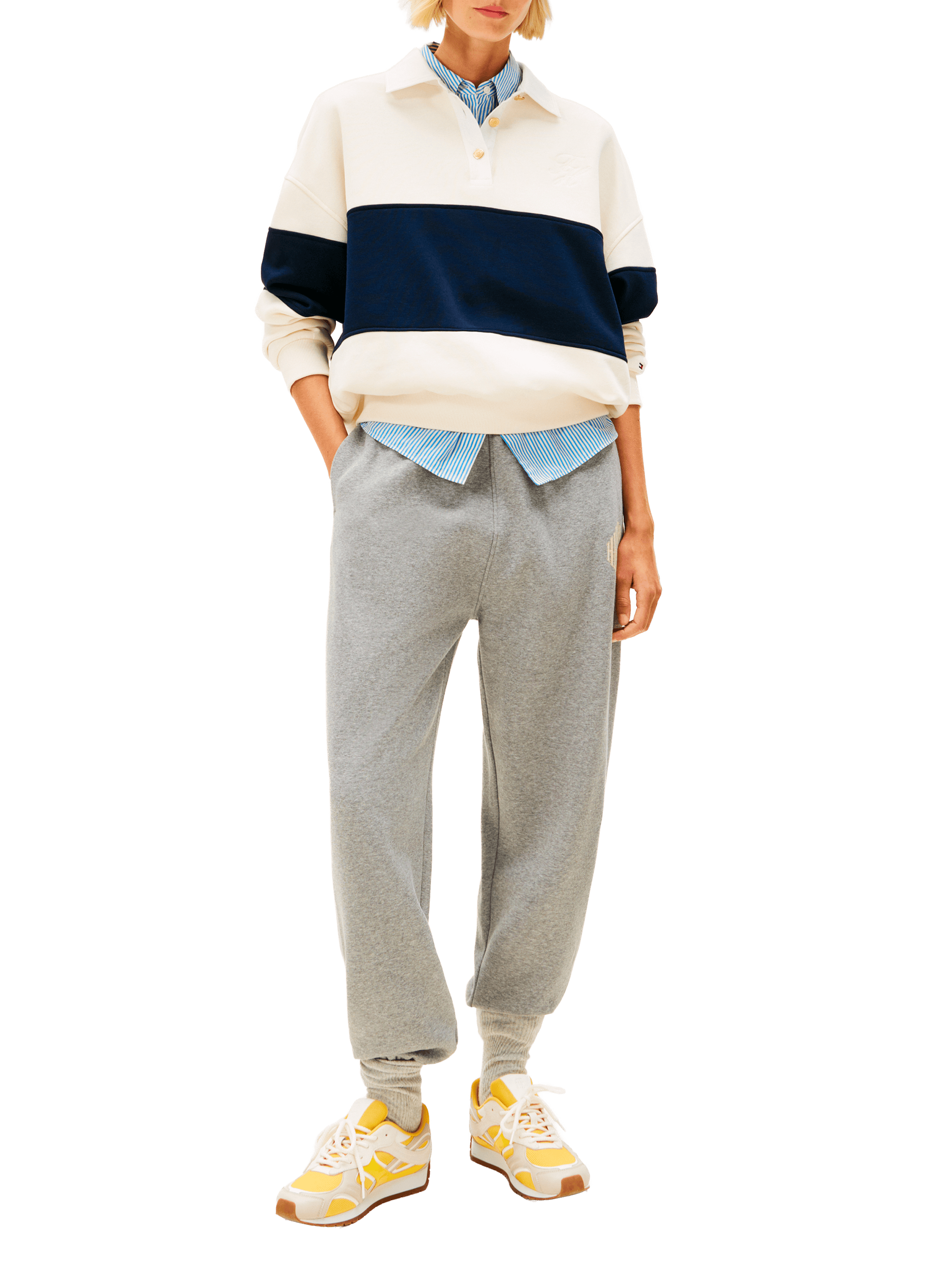 Pull ample à col boutonné en coton mélangé TOMMY HILFIGER Beige