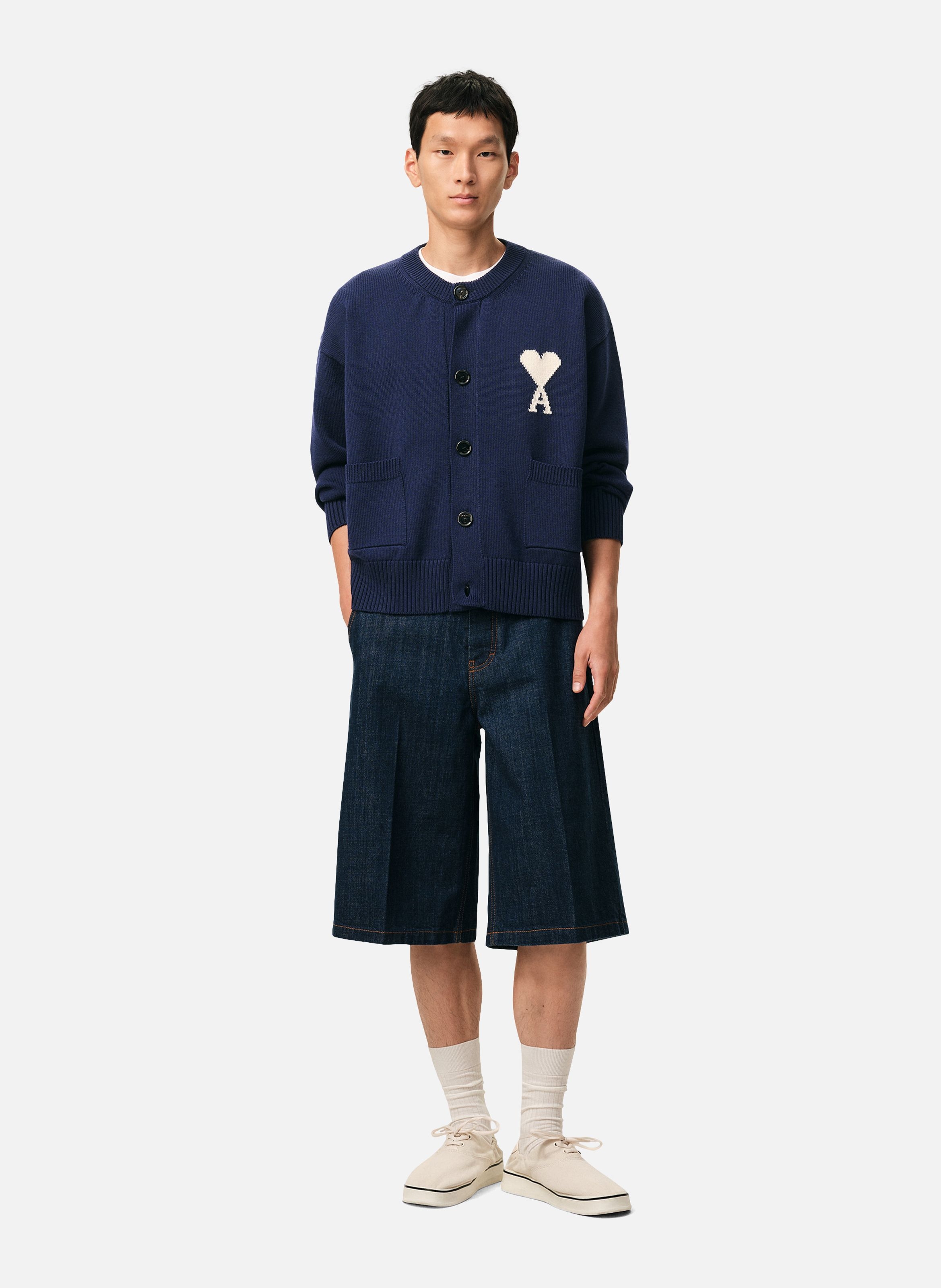 Cardigan col rond ami de coeur en laine unisexe AMI PARIS Bleu