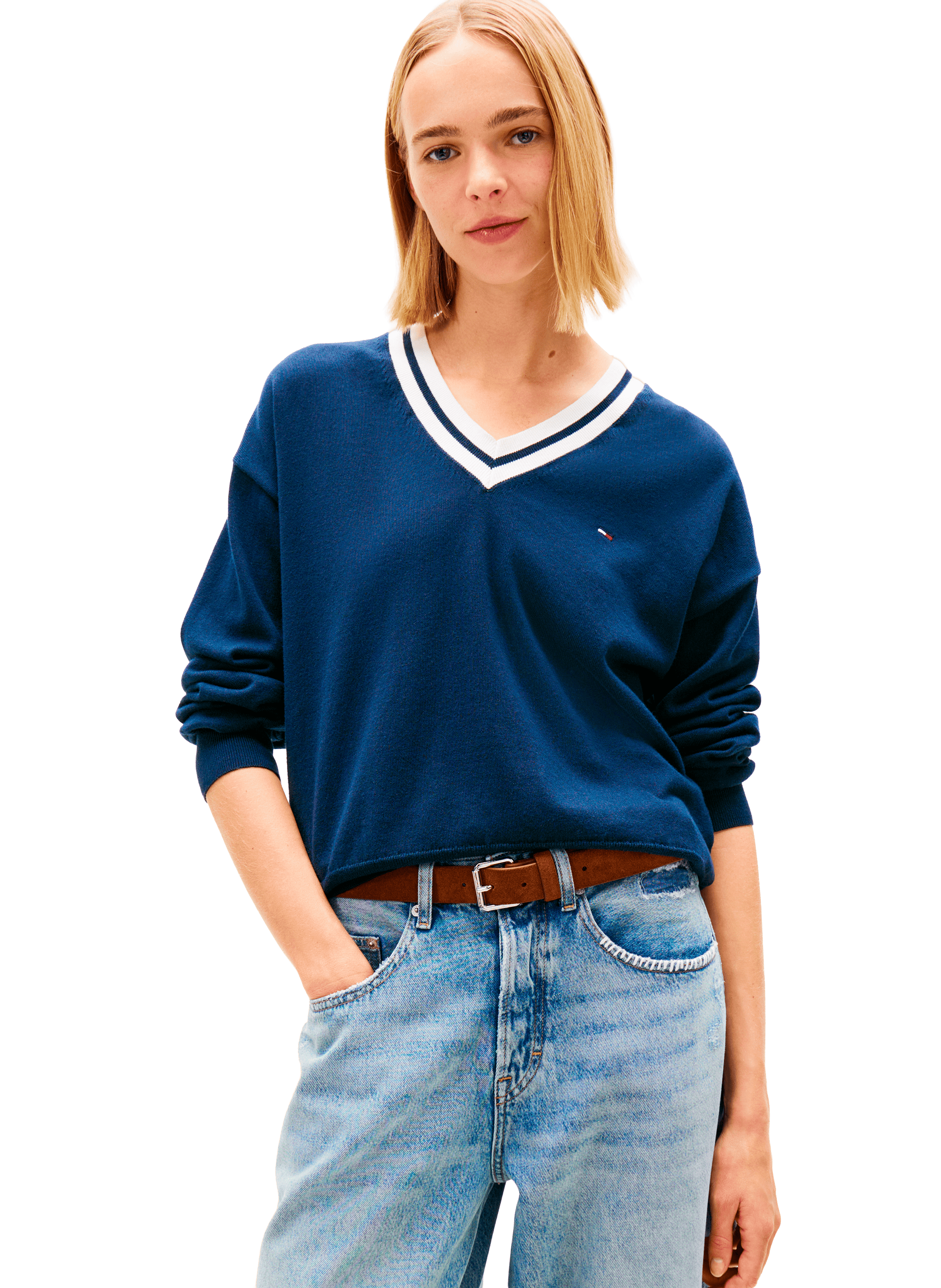 Straight V-neck cotton sweater TOMMY HILFIGER Blue