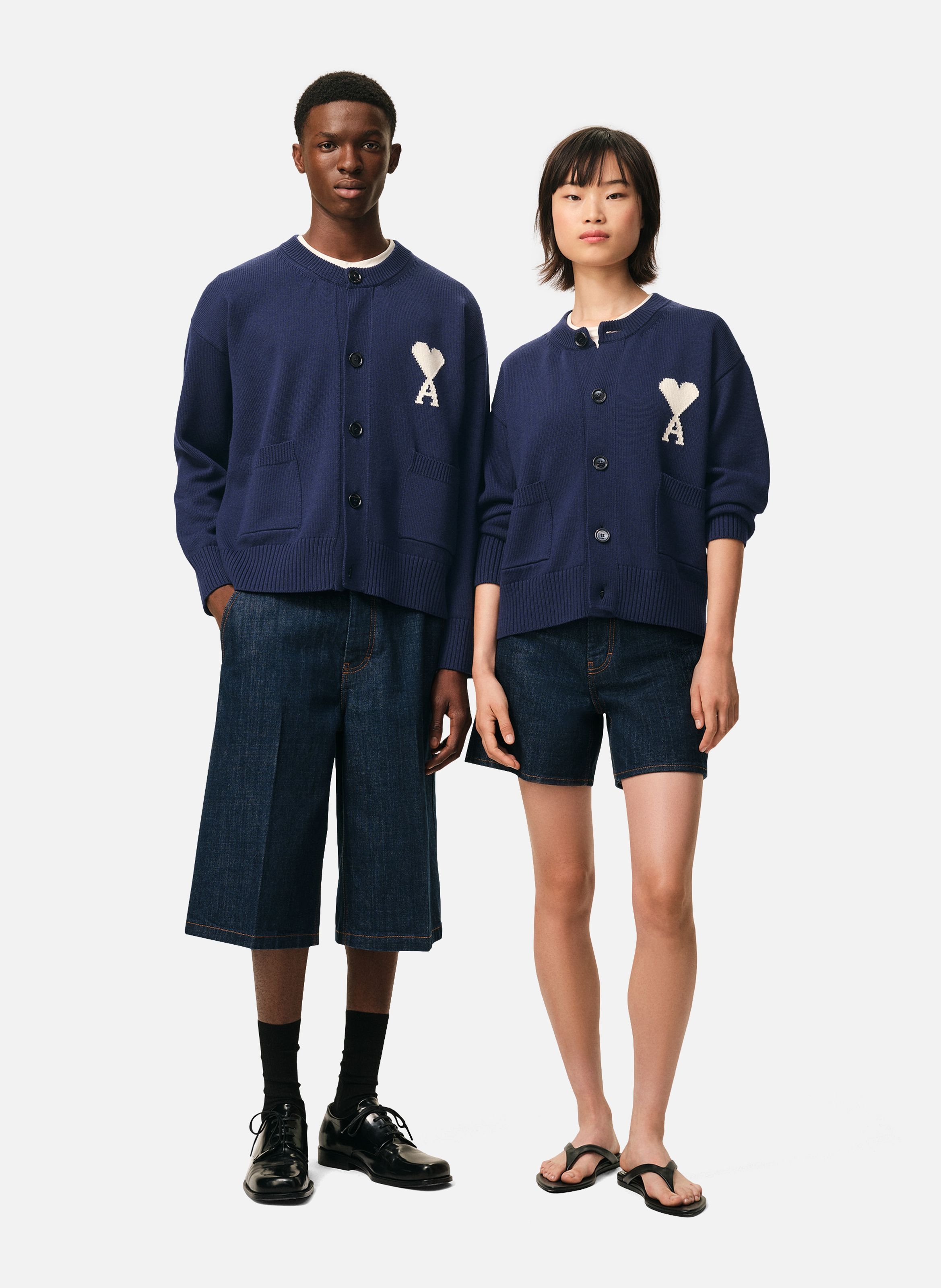 Cardigan col rond ami de coeur en laine unisexe AMI PARIS Bleu