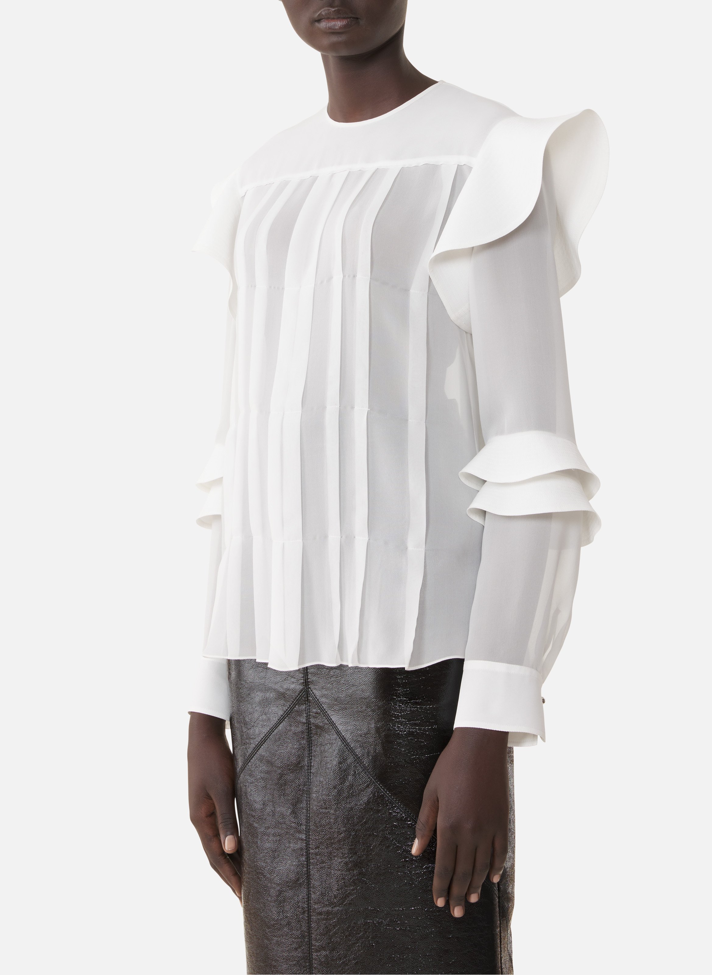 Blouse à volants en georgette de soie LANVIN Blanc