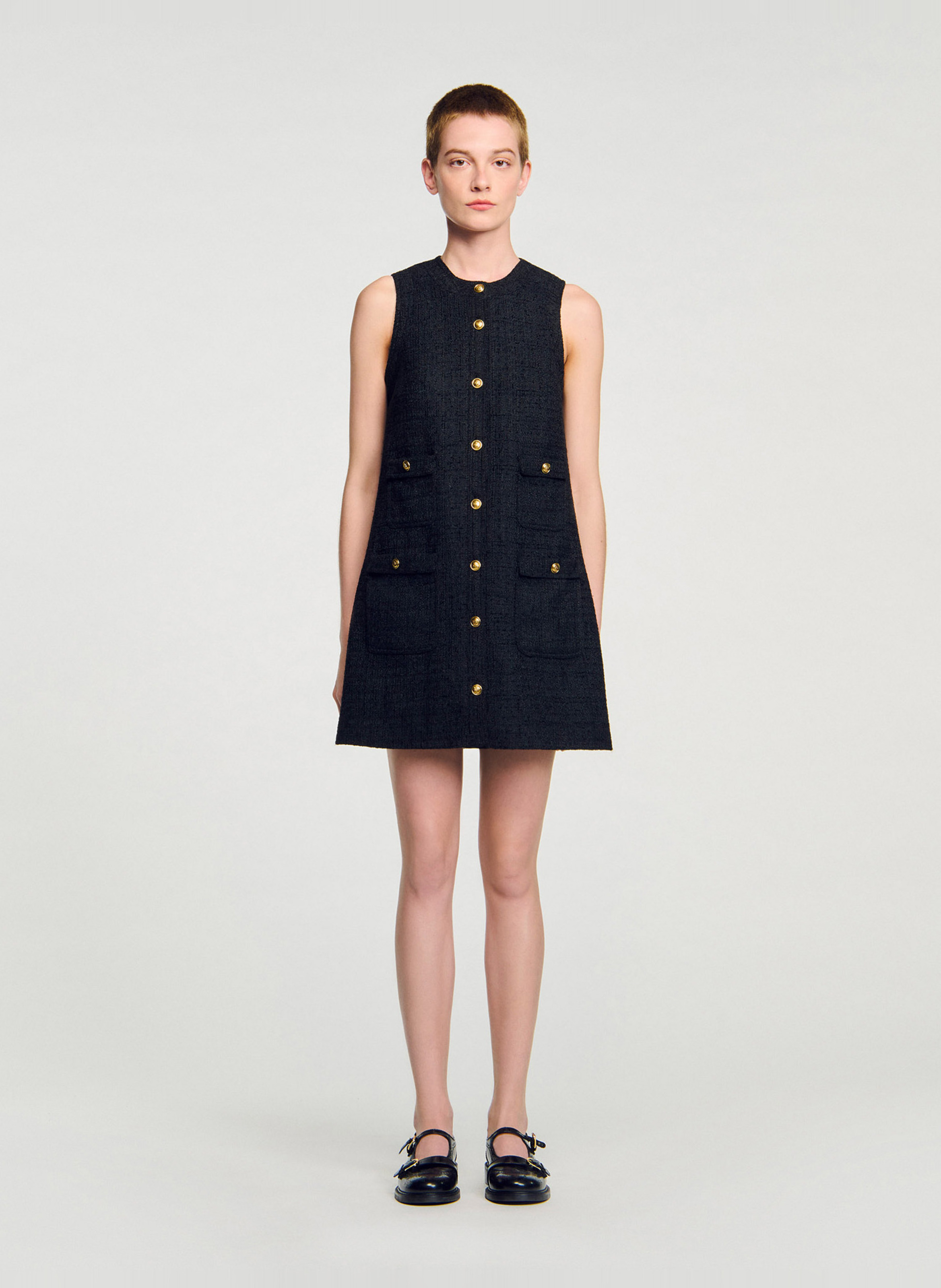 SANDRO Robe courte col rond en tweed Noir