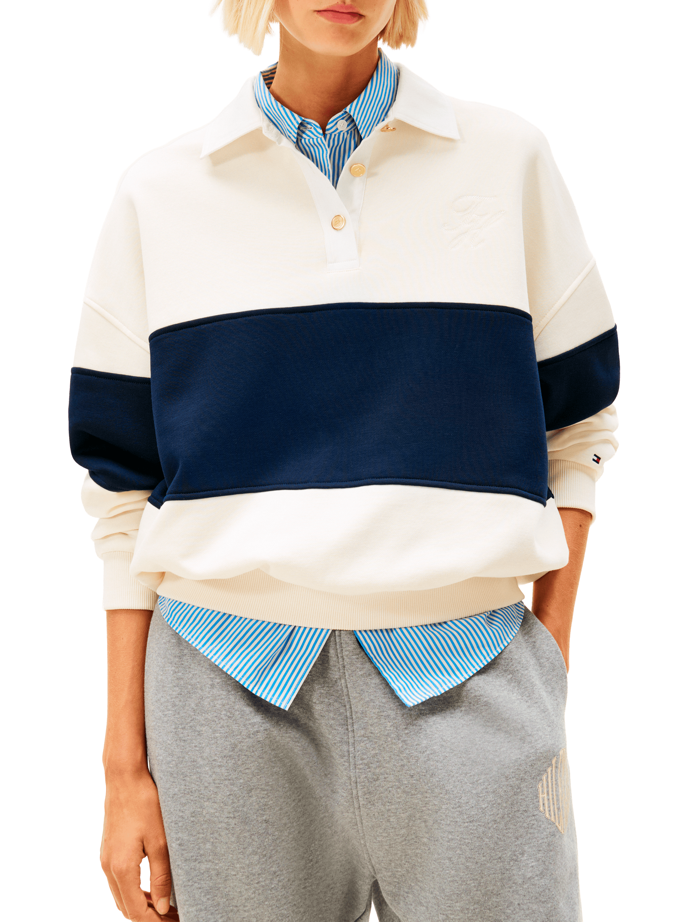 Pull ample à col boutonné en coton mélangé TOMMY HILFIGER Beige