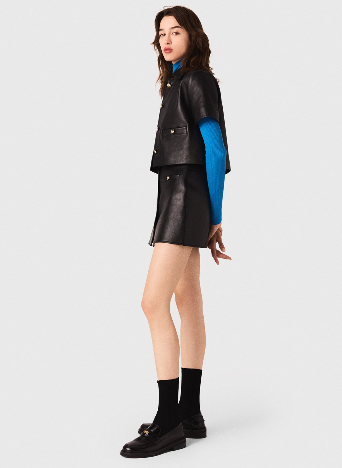 Veste droite en cuir MAJE Noir