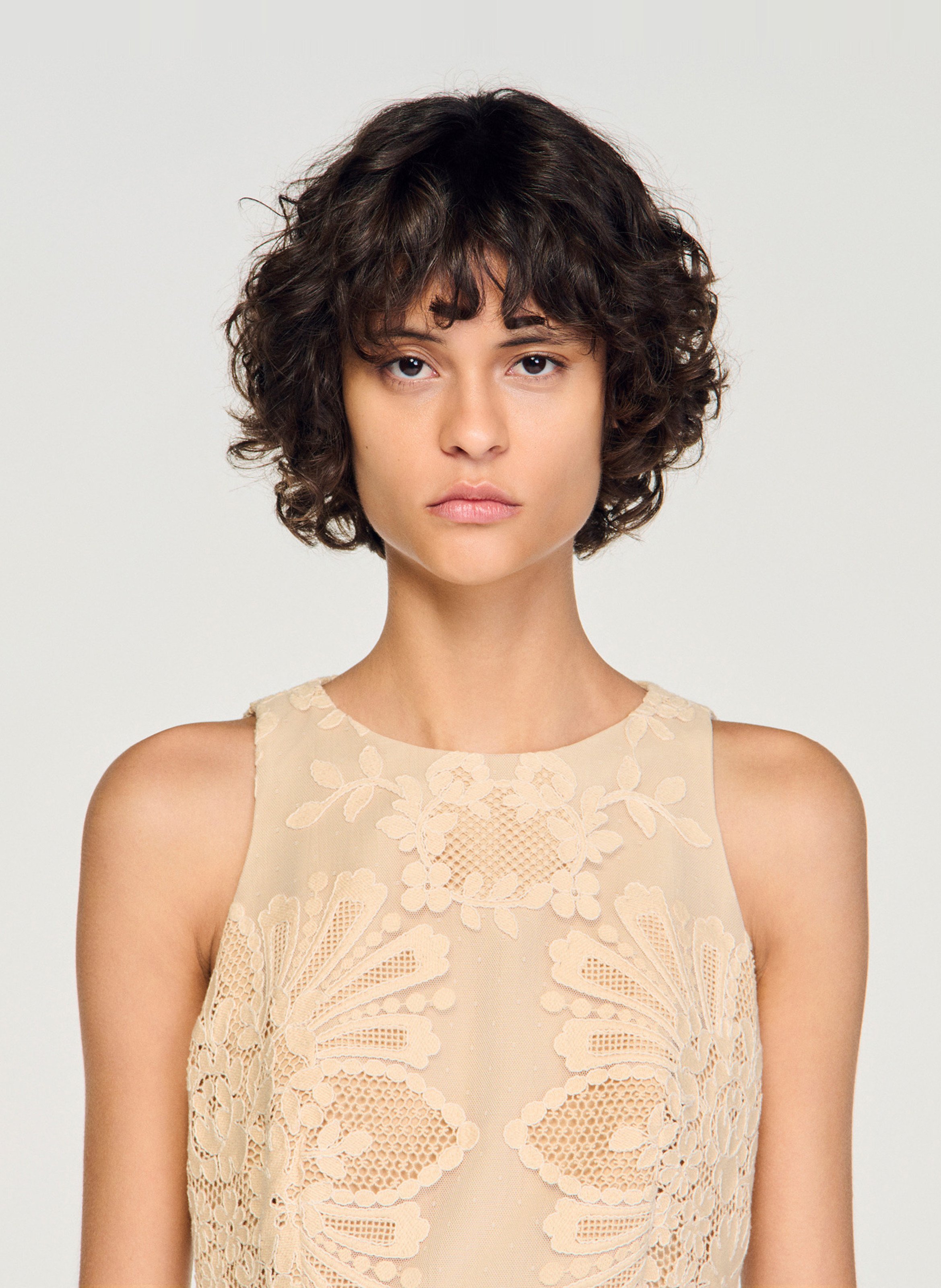 Robe courte sans manche dentelle SANDRO Beige