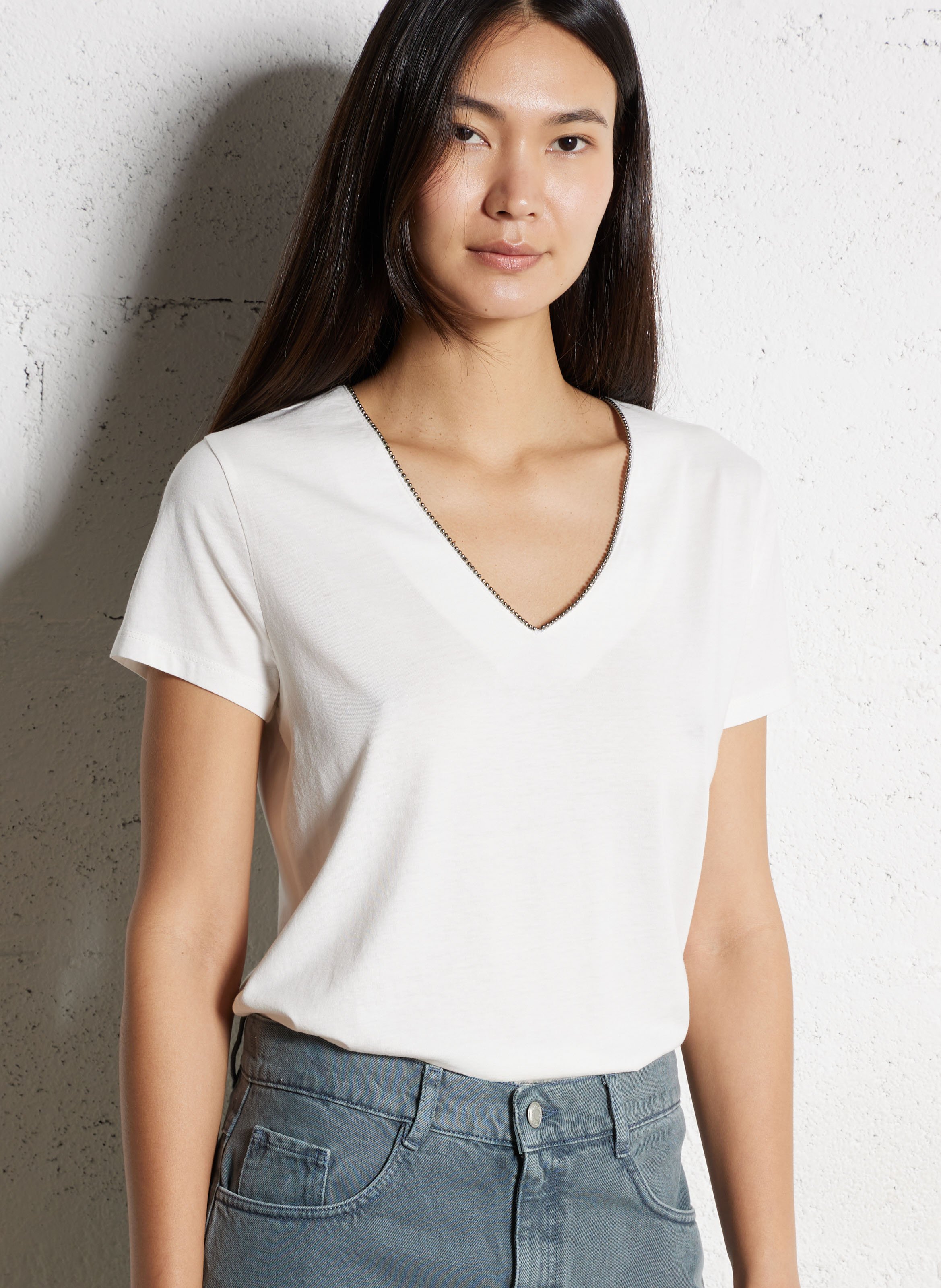 Tee-shirt droit col v en coton mélangé IKKS Blanc