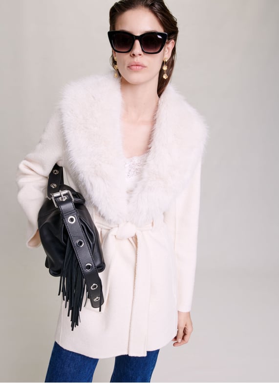 Manteau cintre col chale en laine melangee Blanc