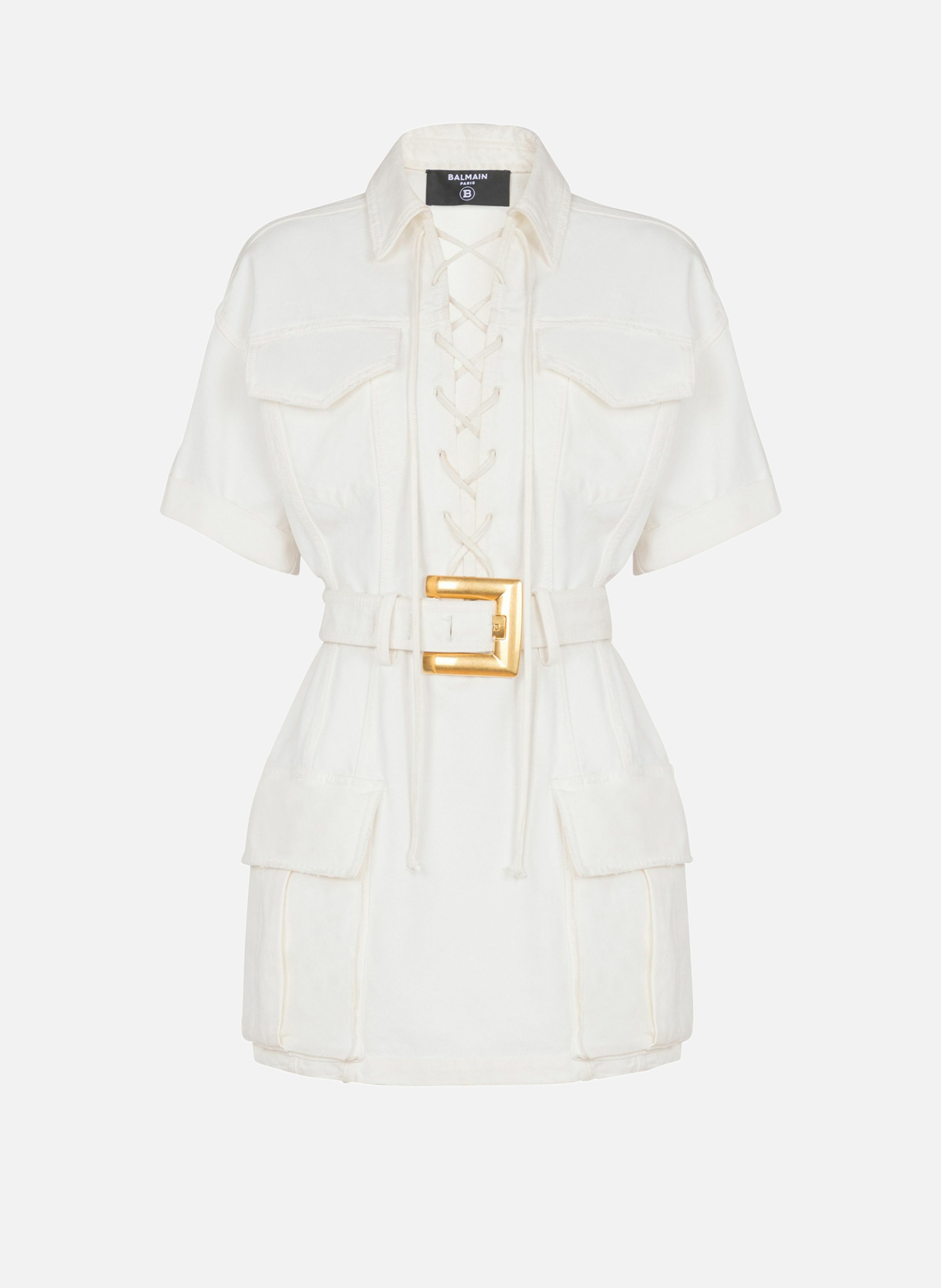 Robe courte en toile à laçages BALMAIN Blanc