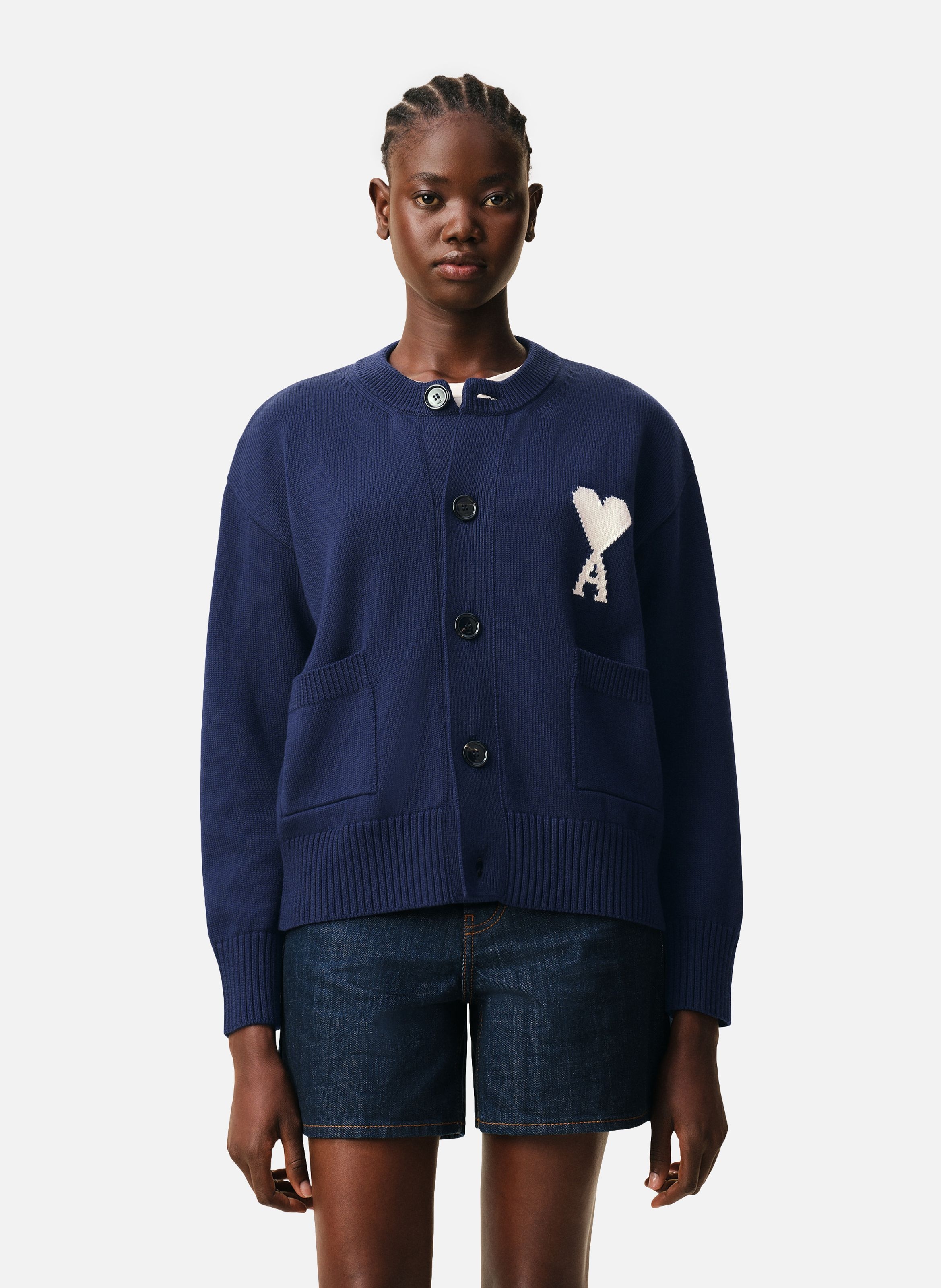 Cardigan col rond ami de coeur en laine unisexe AMI PARIS Bleu