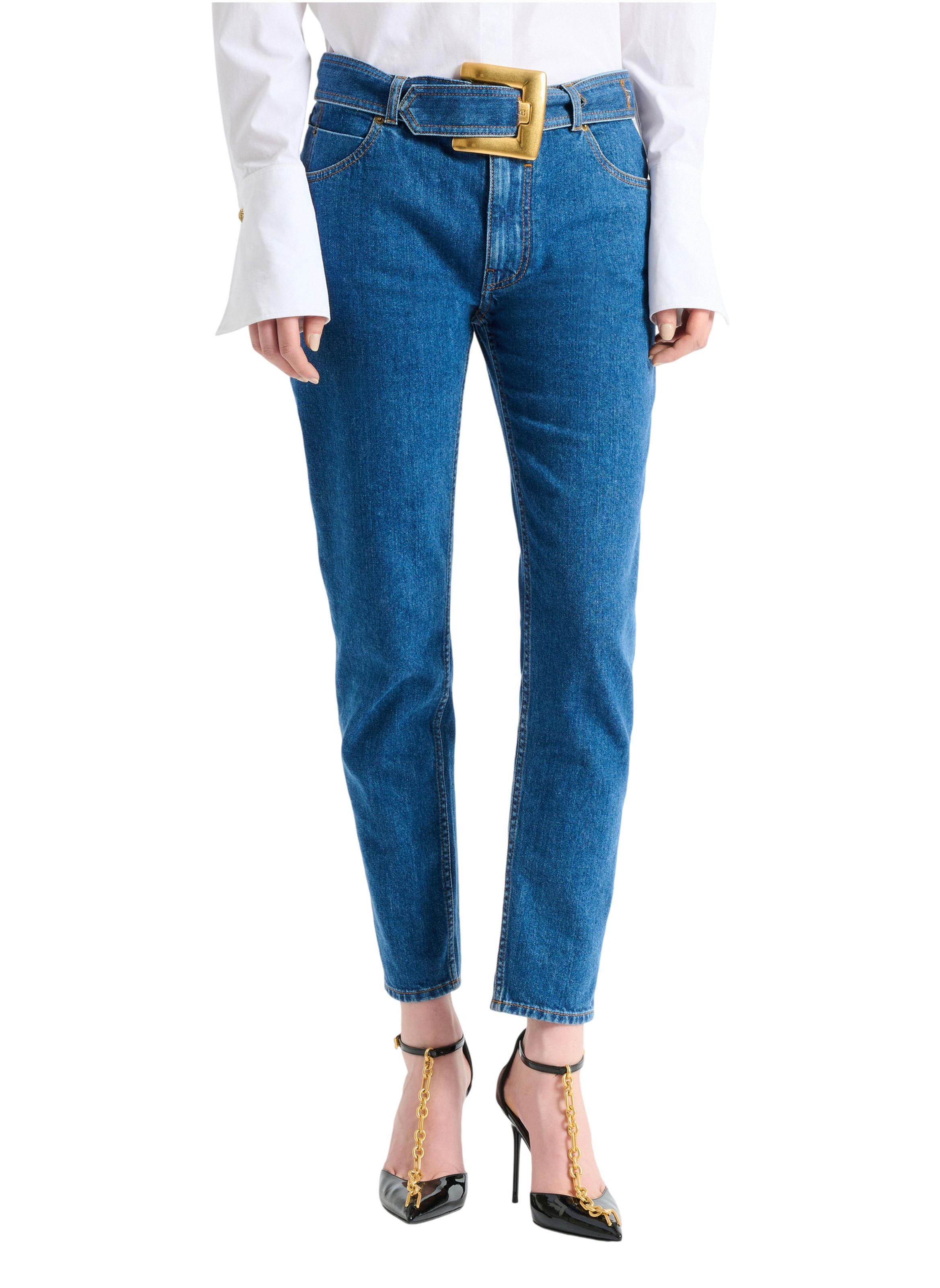 Jean ceinturé en denim BALMAIN Bleu