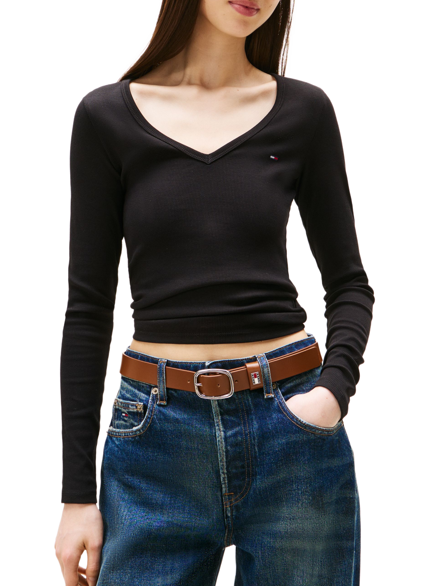 T-shirt côtelé à col V en coton mélangé | Noir TOMMY HILFIGER Femme