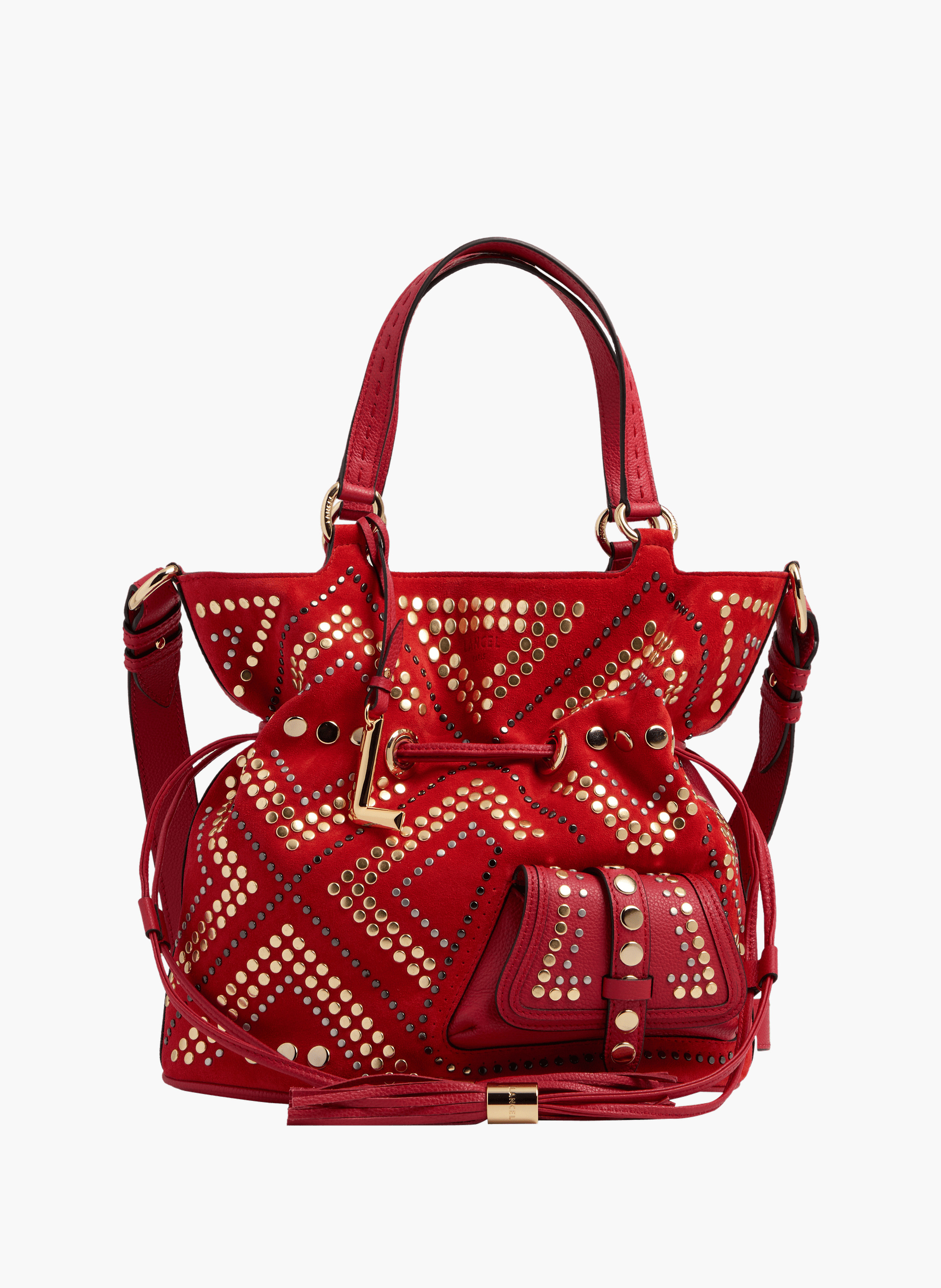 Sac seau premier flirt de lancel en animation 150y studs : studs, cuirs de vachette suede & graine LANCEL Rouge