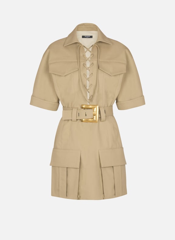Robe courte en gabardine de coton à laçages Beige by BALMAIN BALMAIN Robe courte en gabardine de coton à laçages Beige