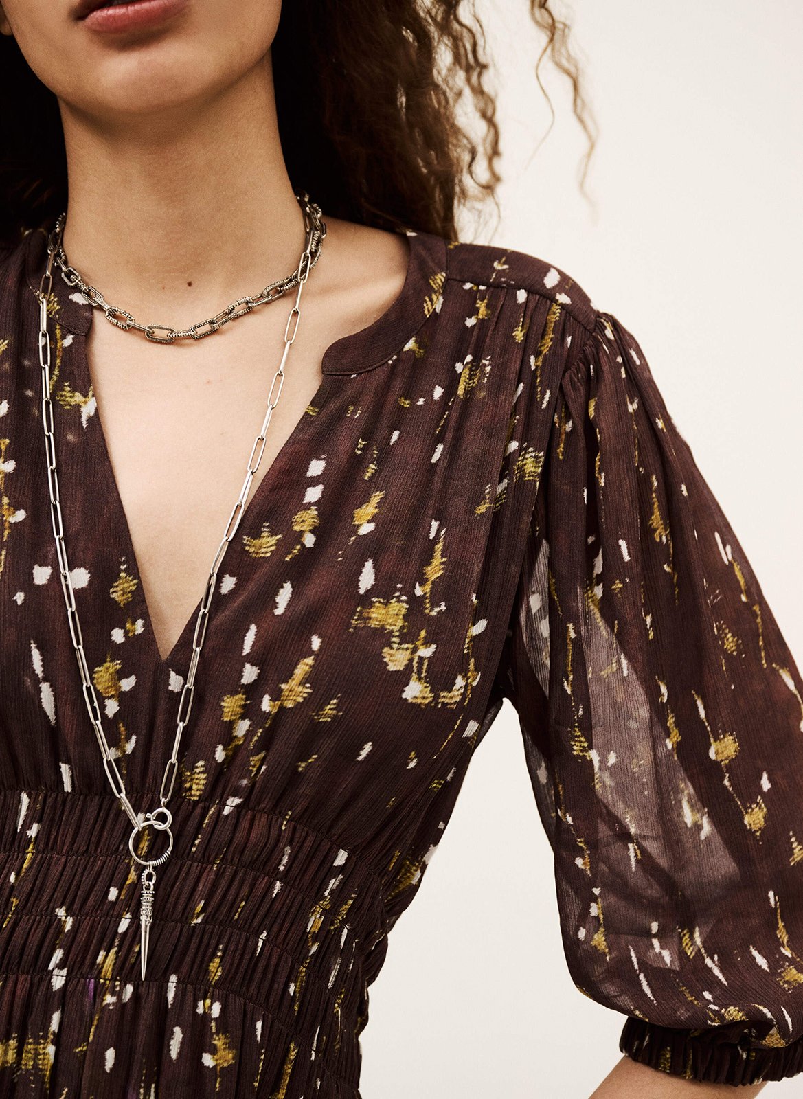 Robe courte col tunisien imprimée kanissa Marron