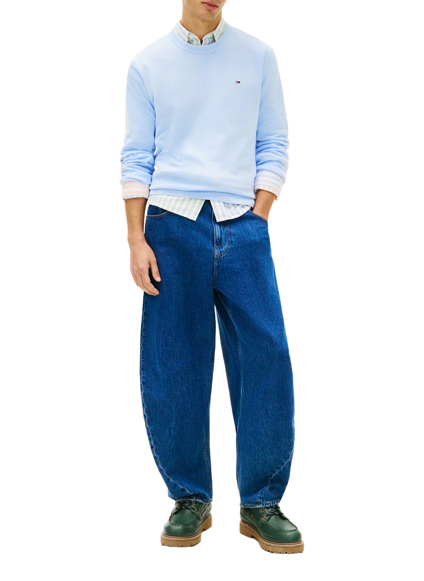 Round neck sweater with embroidered logo in cotton TOMMY HILFIGER Blue