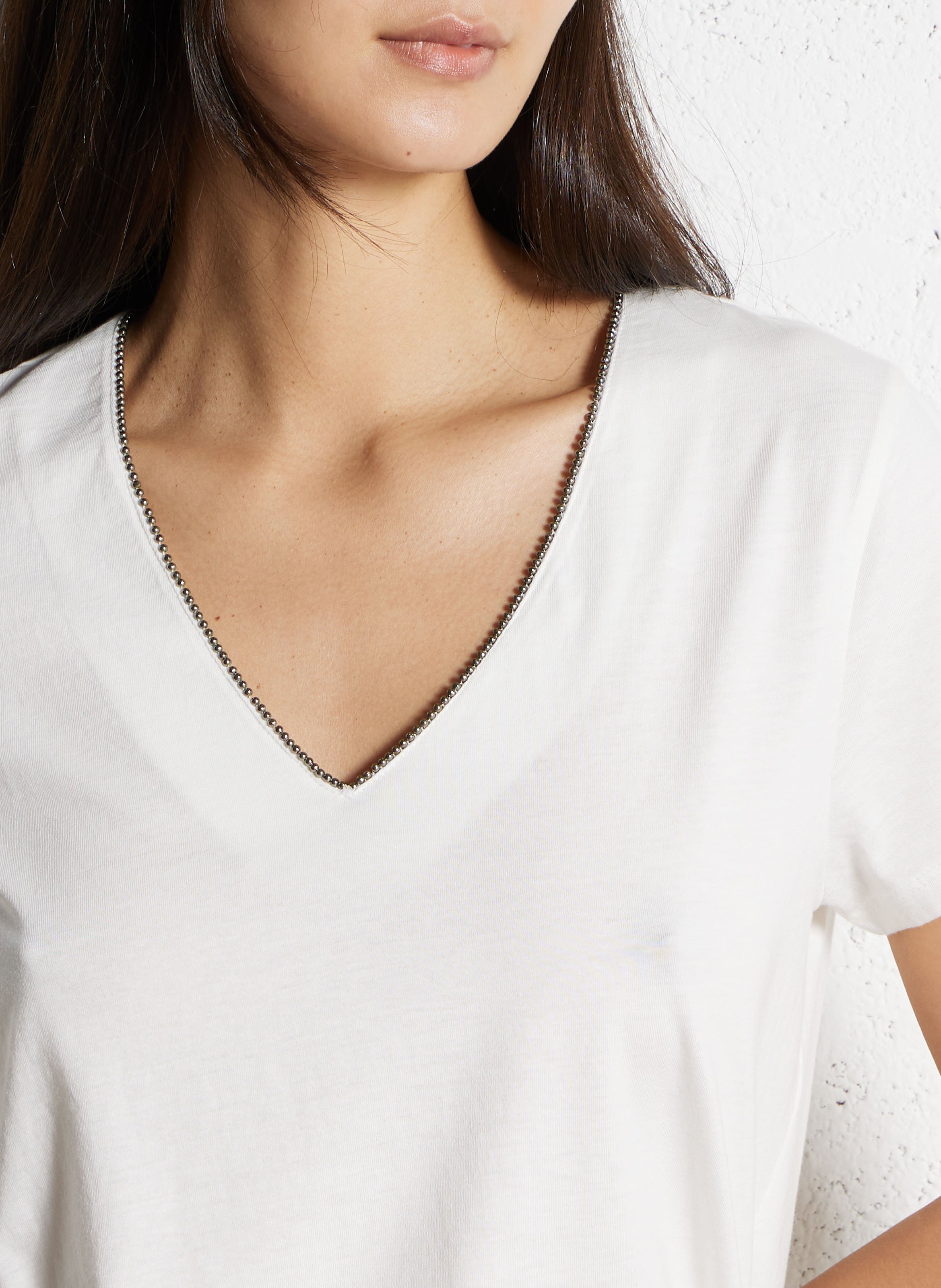Tee-shirt droit col v en coton mélangé IKKS Blanc
