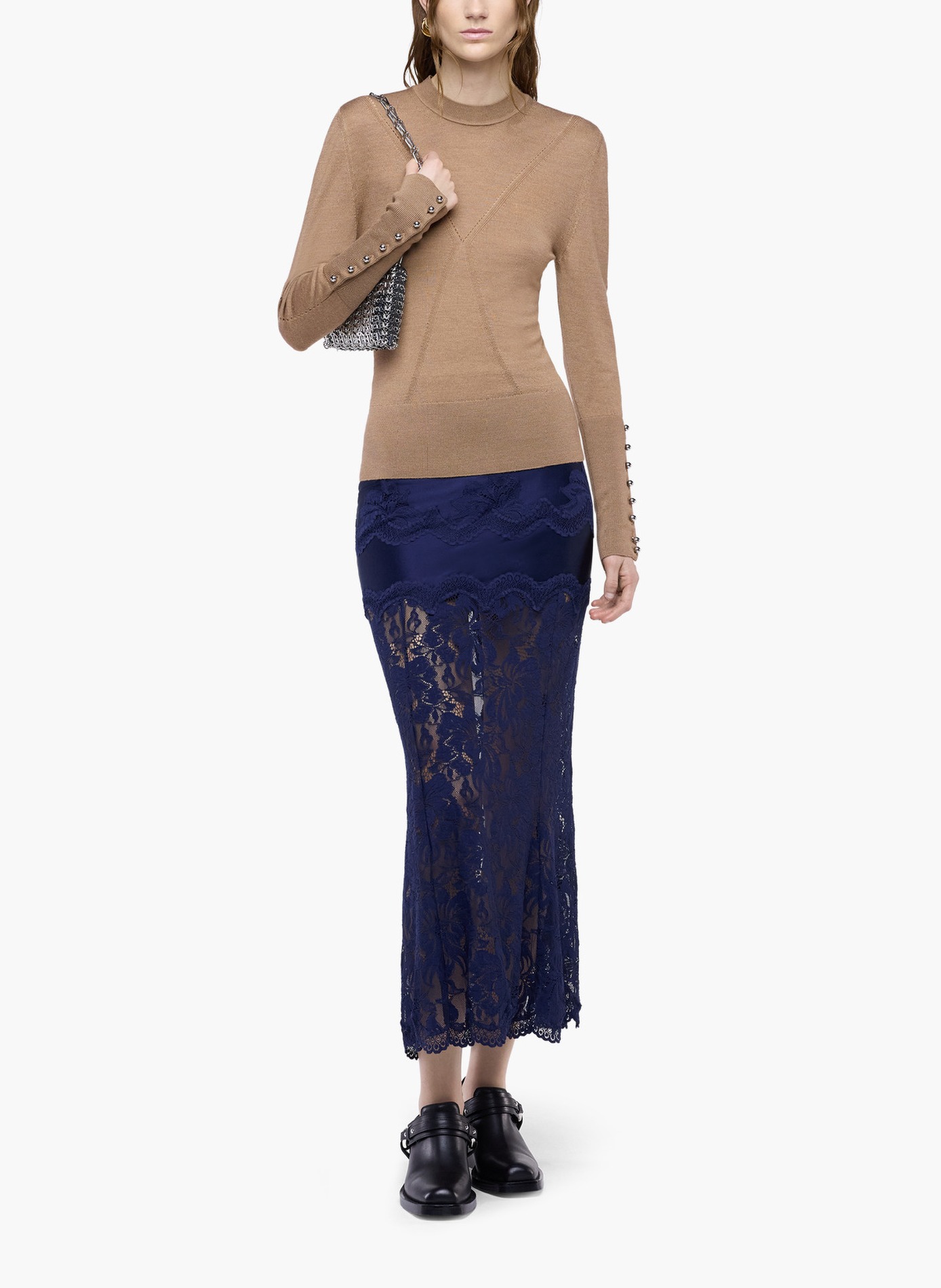 Jupe midi en dentelle et jersey RABANNE Bleu