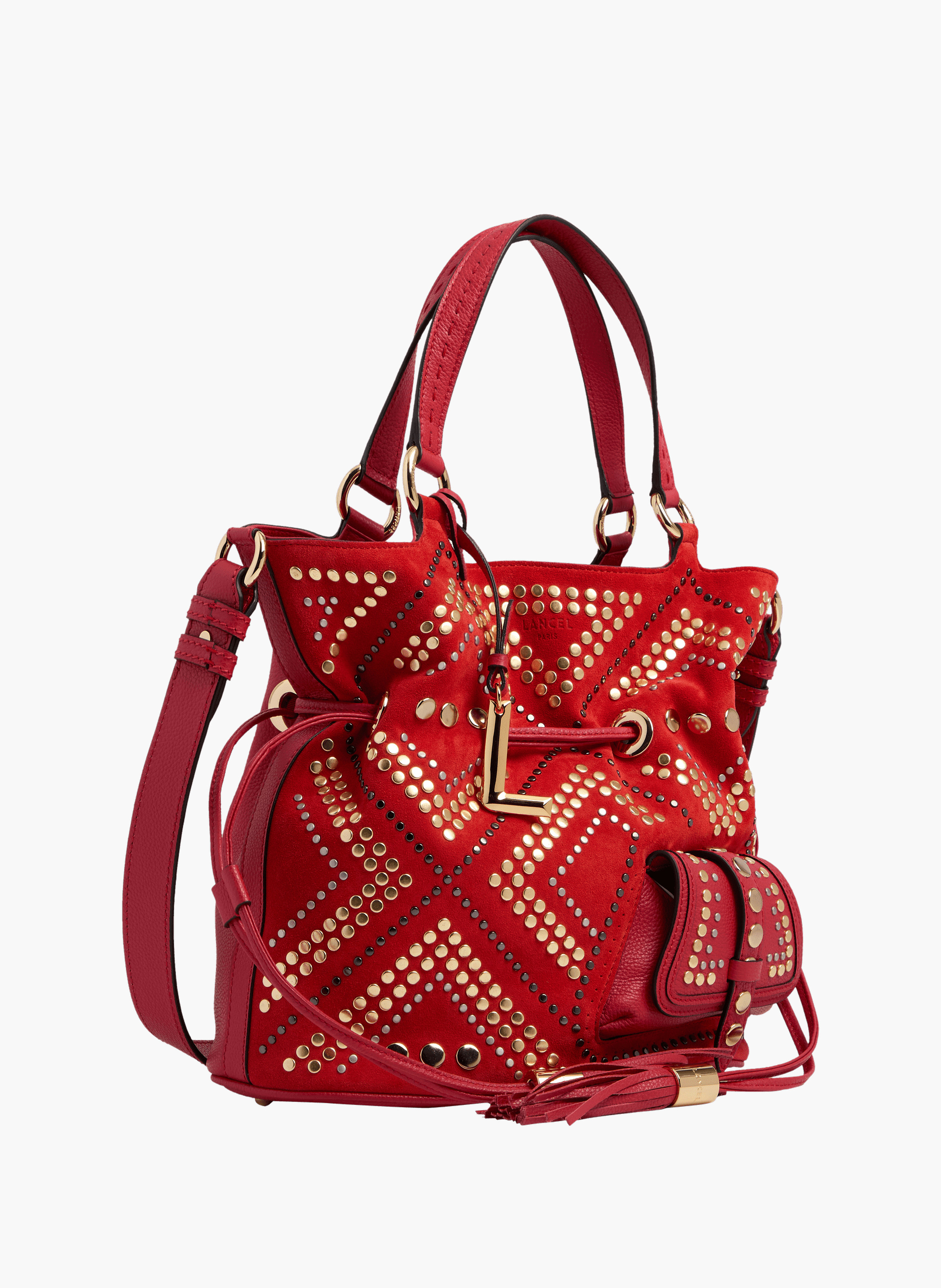 Sac seau premier flirt de lancel en animation 150y studs : studs, cuirs de vachette suede & graine LANCEL Rouge