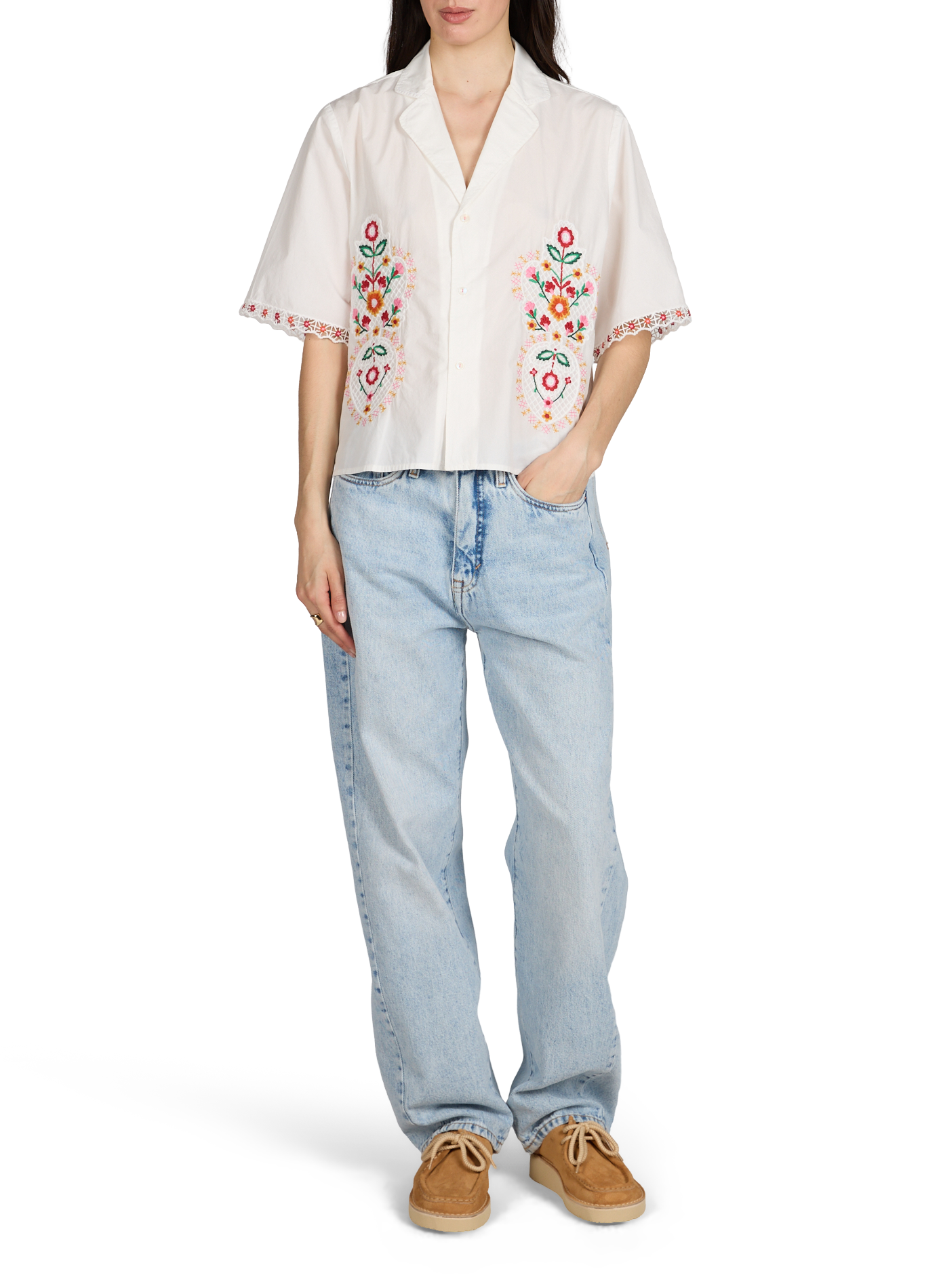 Short-sleeved cotton shirt with floral embroidery. LOUISE MISHA White