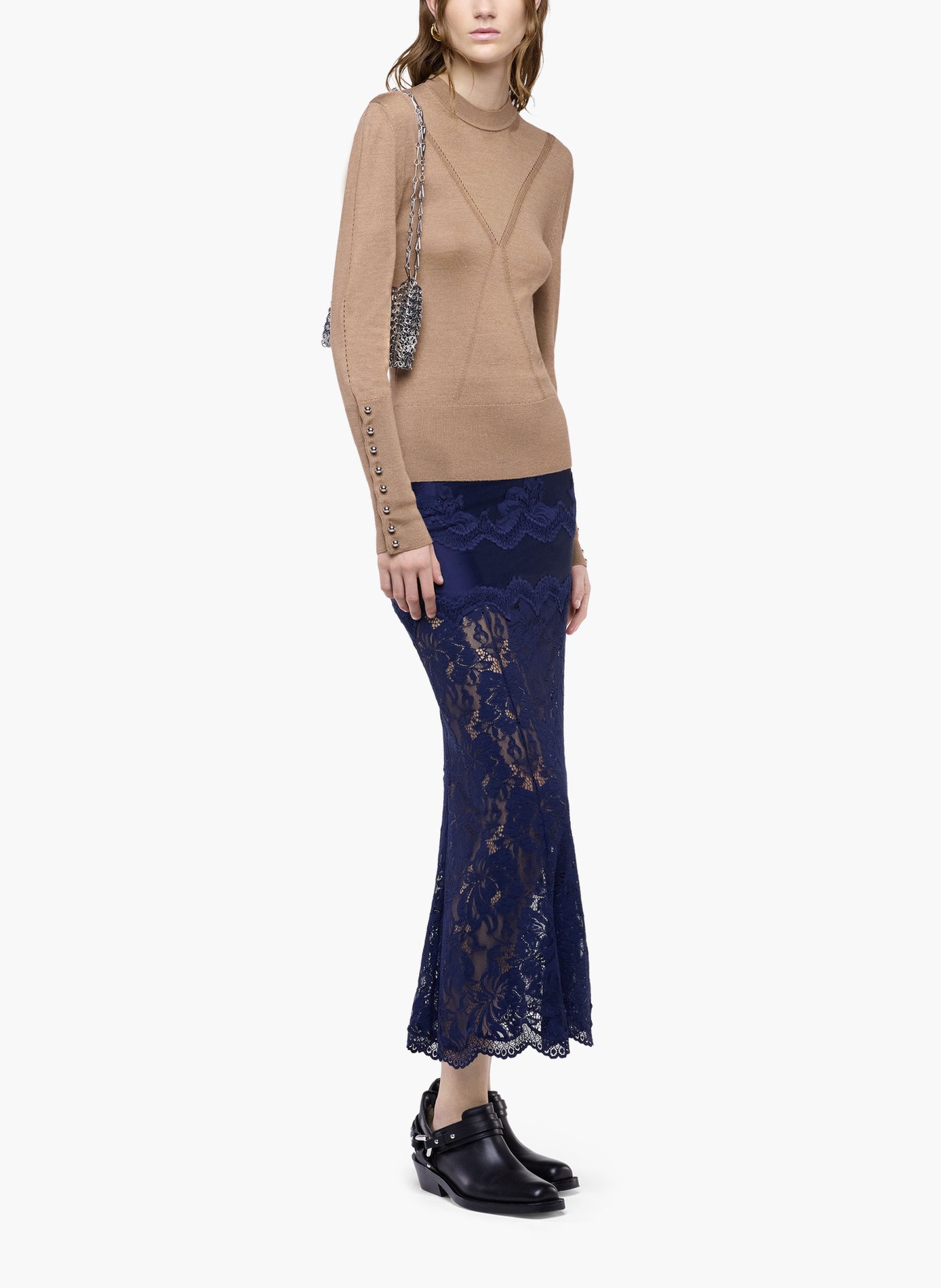 Jupe midi en dentelle et jersey RABANNE Bleu
