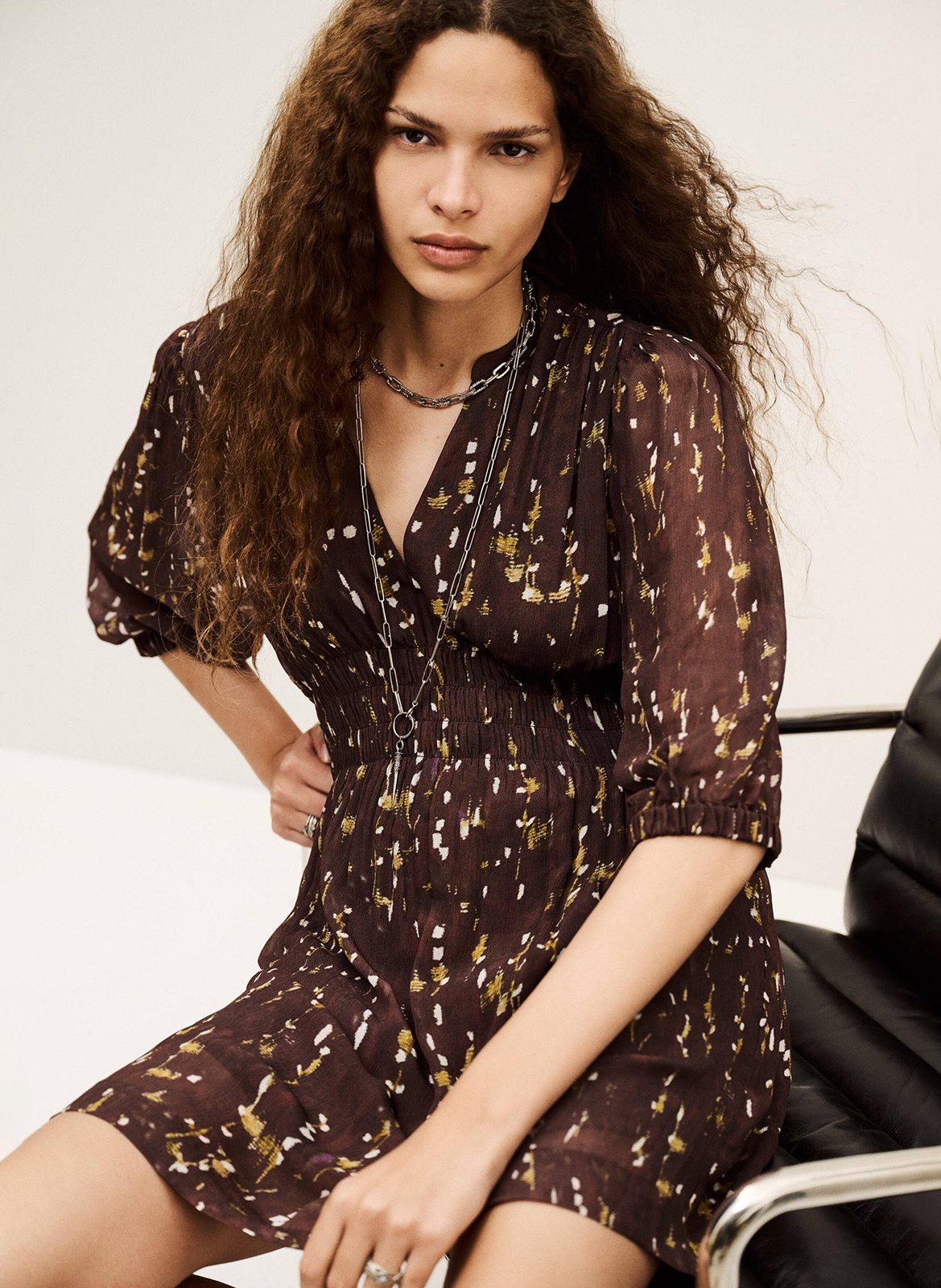 Robe courte col tunisien imprimée kanissa Marron