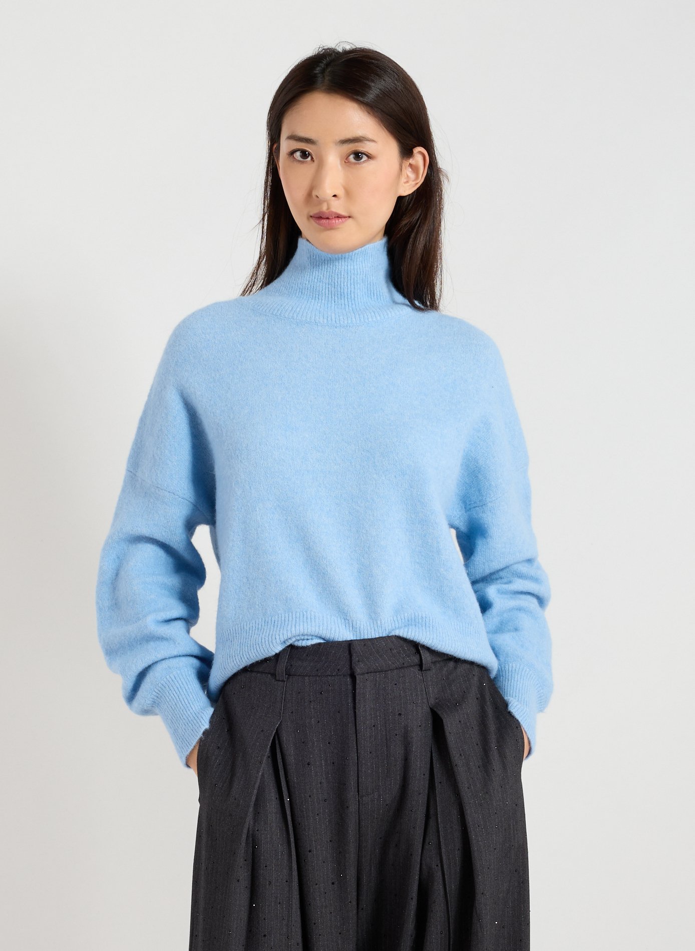 SAMSOE SAMSOE Pull col montant en laine mélangée Bleu