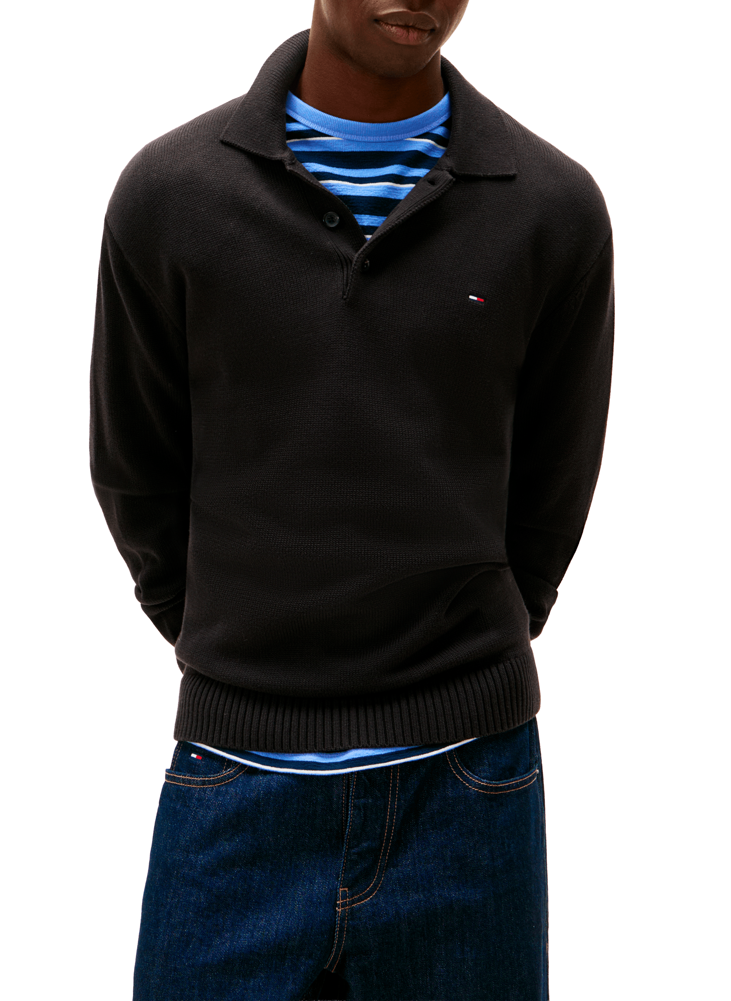 Cotton polo sweater with buttoned collar TOMMY HILFIGER Black