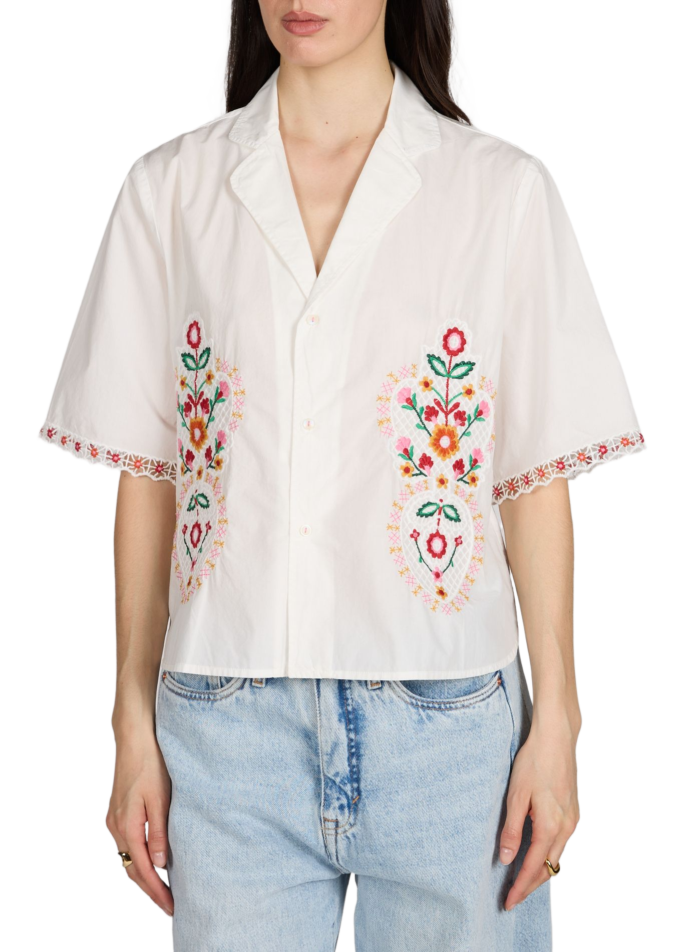 Short-sleeved cotton shirt with floral embroidery. LOUISE MISHA White
