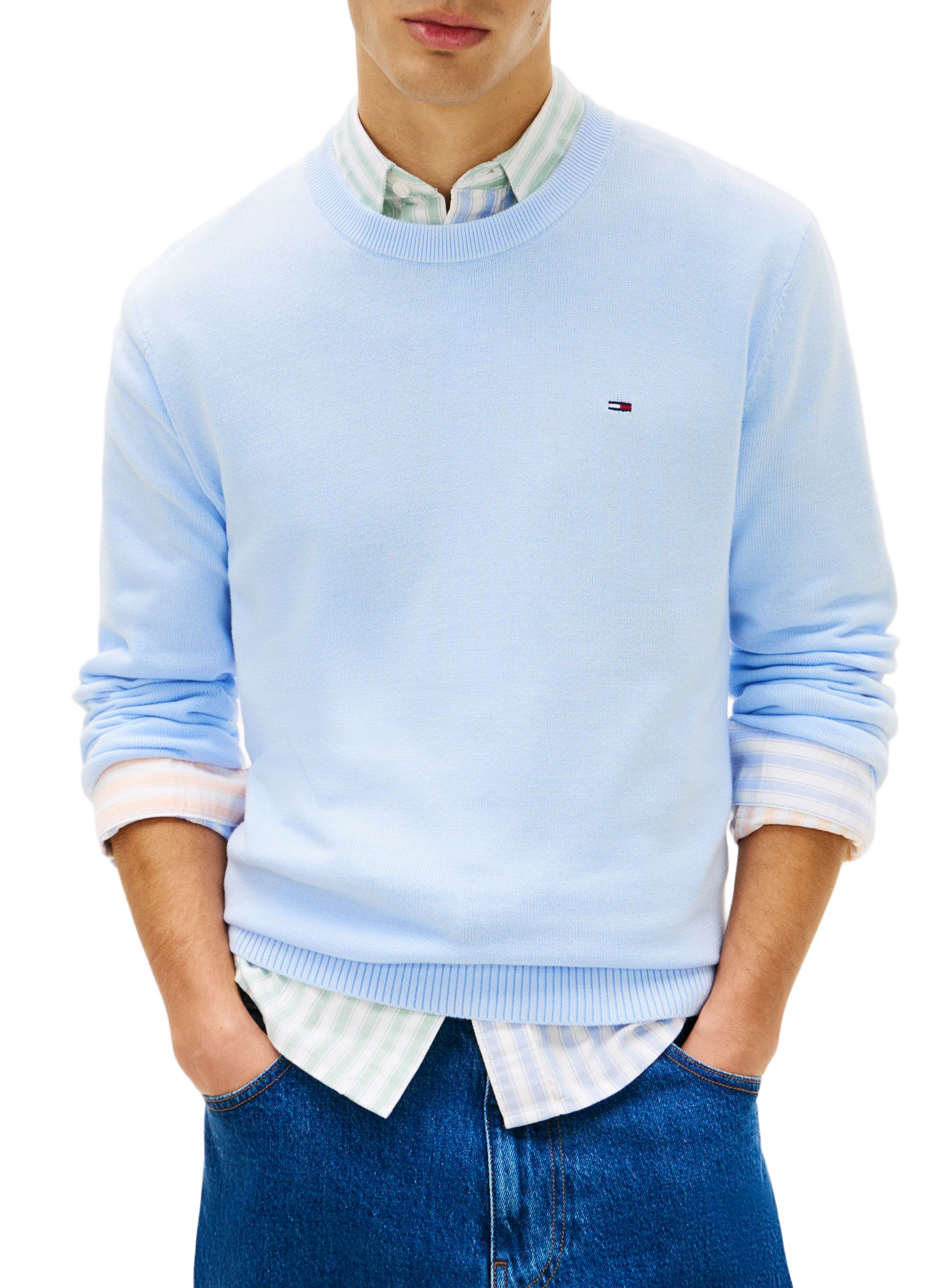 Round neck sweater with embroidered logo in cotton TOMMY HILFIGER Blue