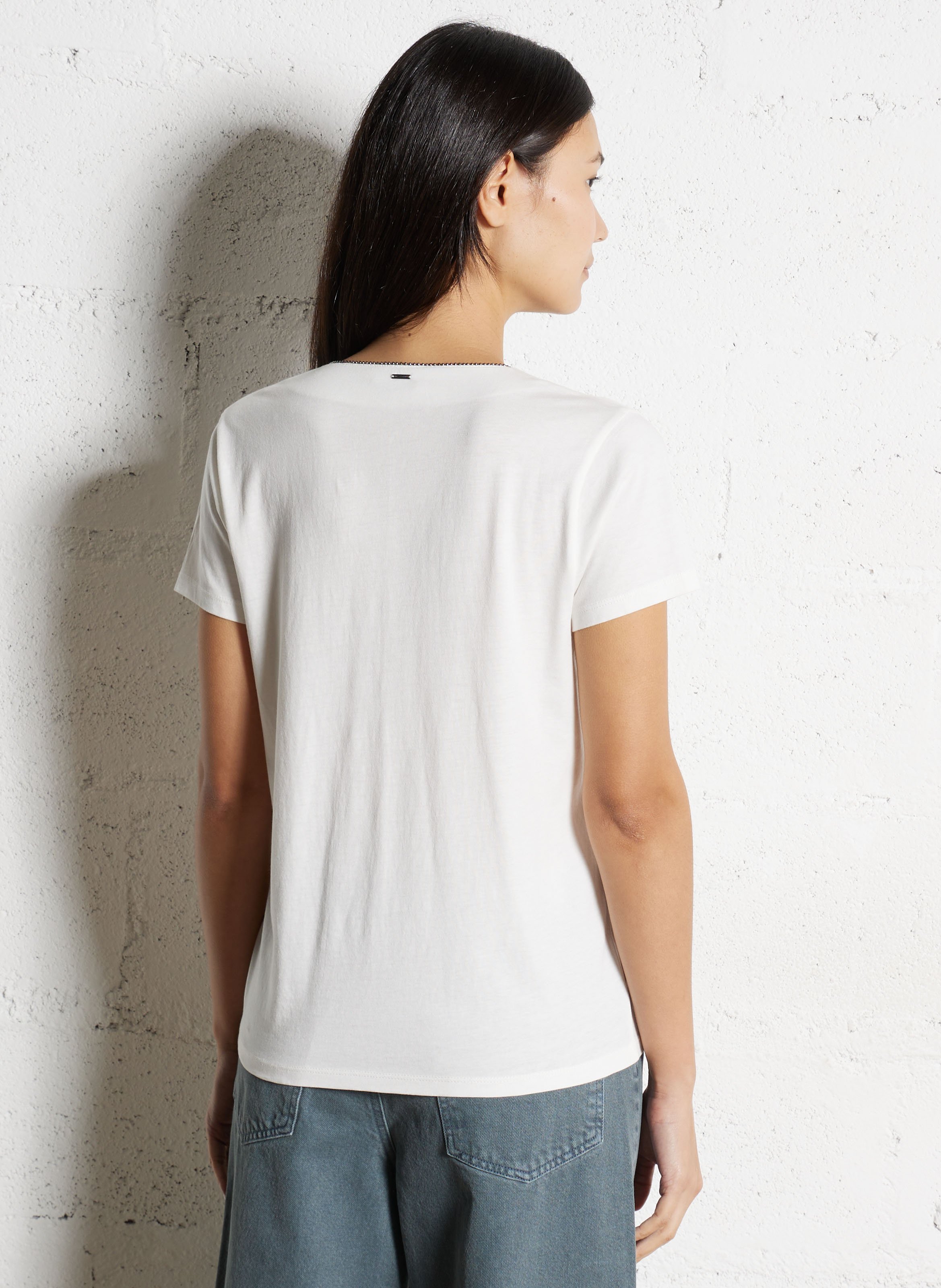 Tee-shirt droit col v en coton mélangé IKKS Blanc