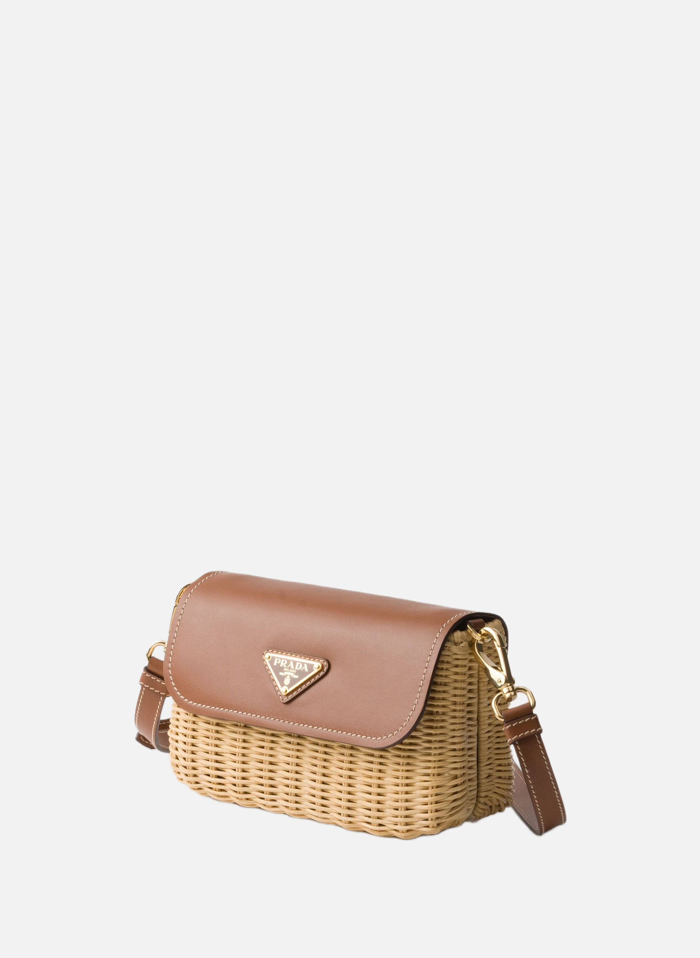 Petit sac porté épaule en osier et cuir PRADA Beige