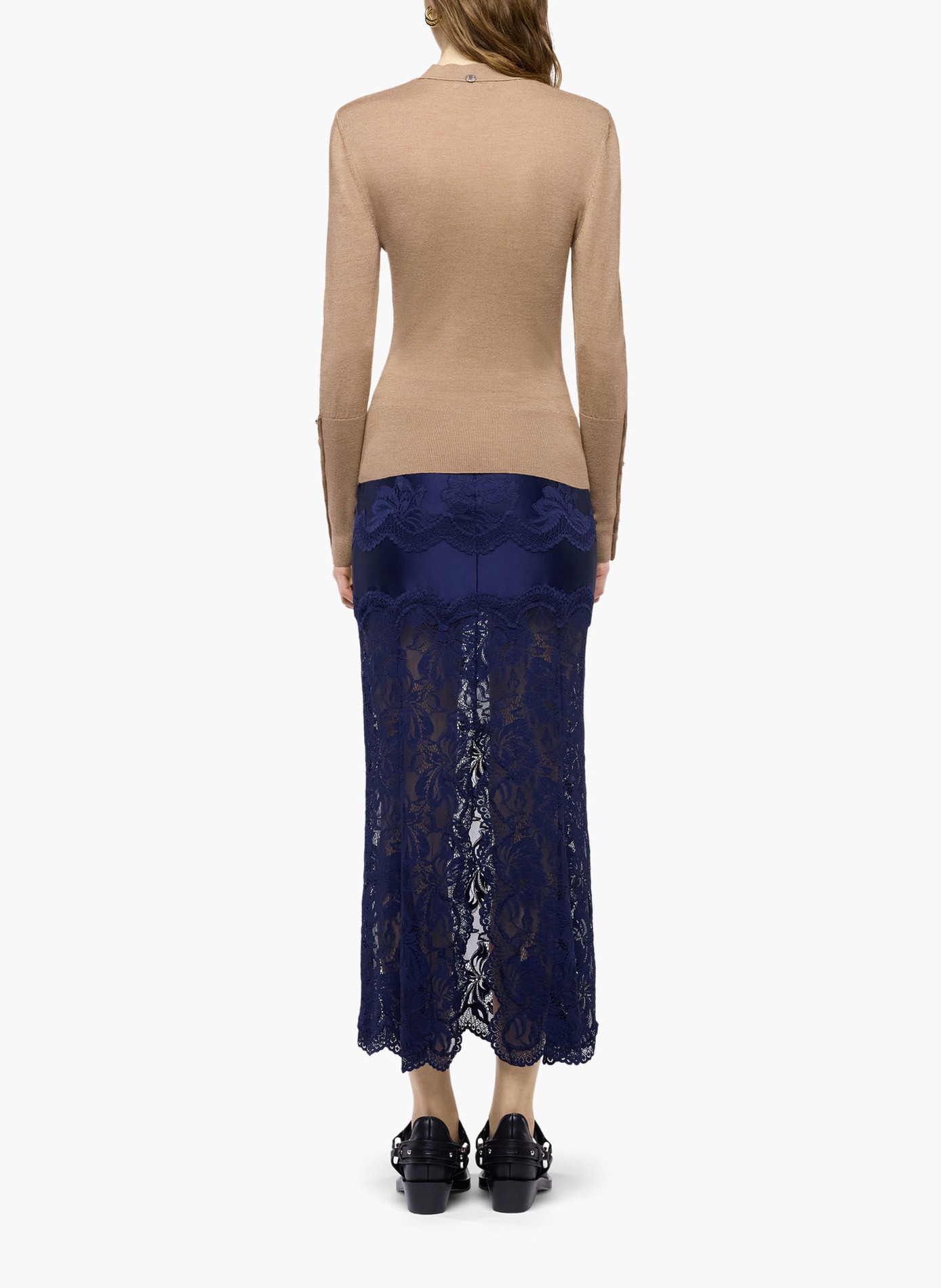 Jupe midi en dentelle et jersey RABANNE Bleu