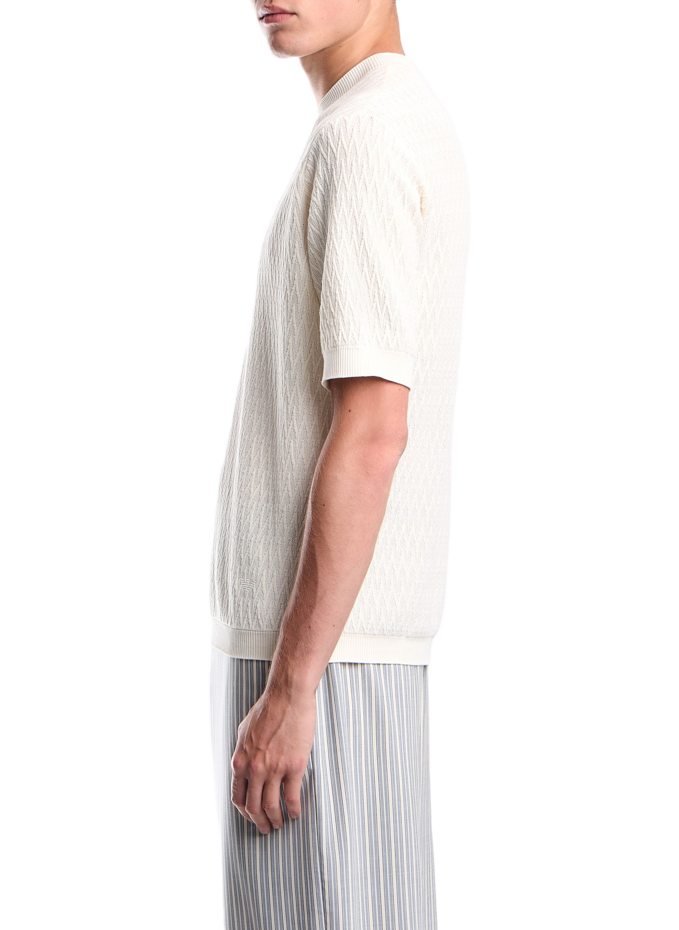 Short-sleeved chevron knit cotton sweater EMPORIO ARMANI White