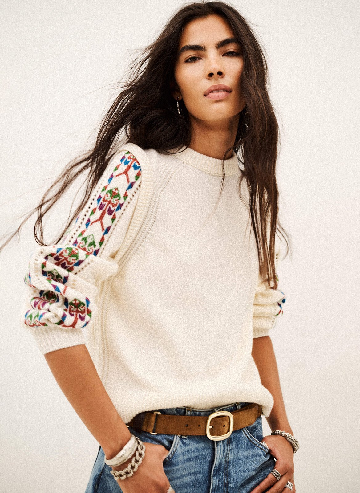 Pull brodé en maille de laine elda BA&SH Beige