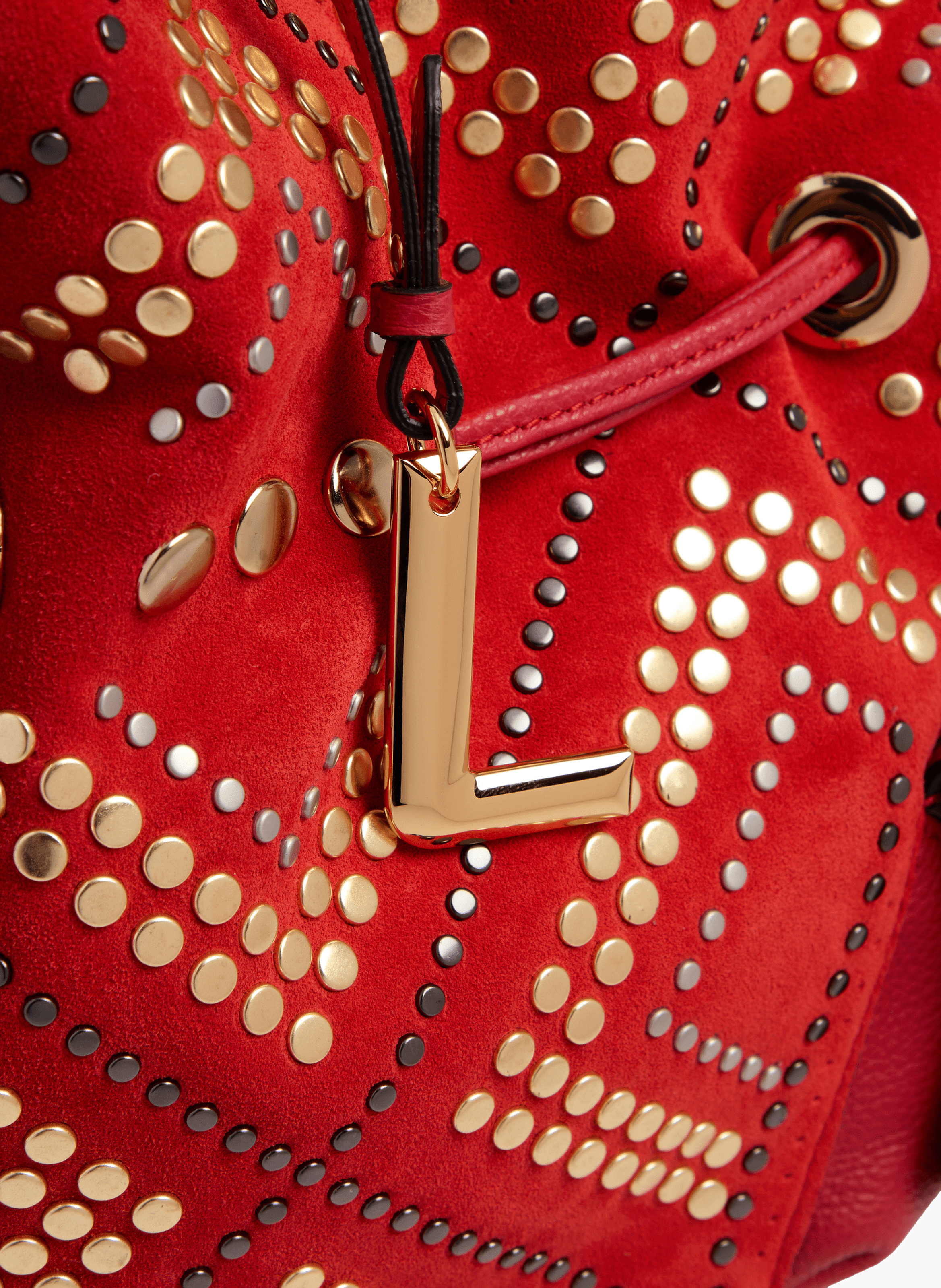 Sac seau premier flirt de lancel en animation 150y studs : studs, cuirs de vachette suede & graine LANCEL Rouge