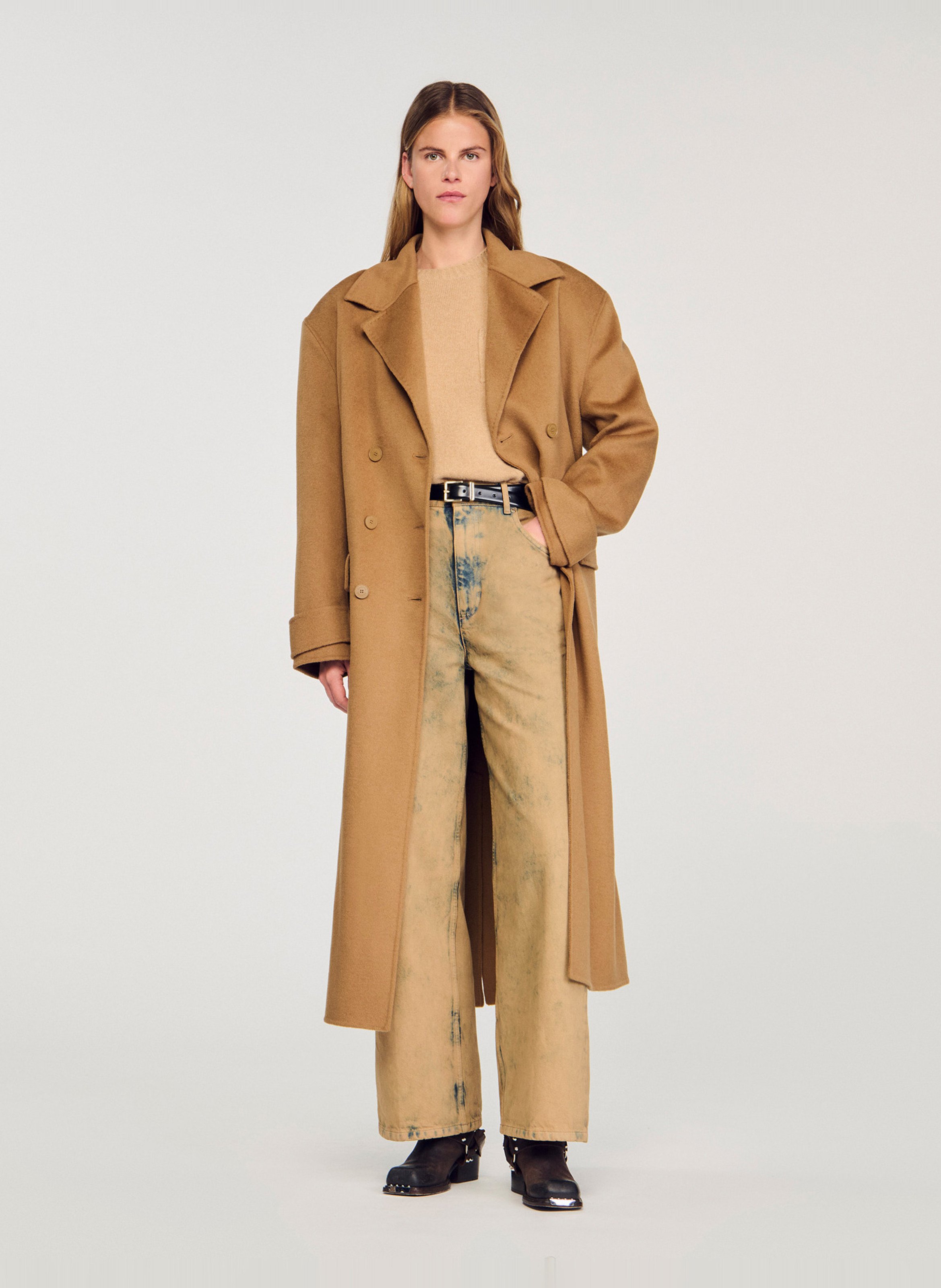 Manteau col à écharpe en laine SANDRO Marron