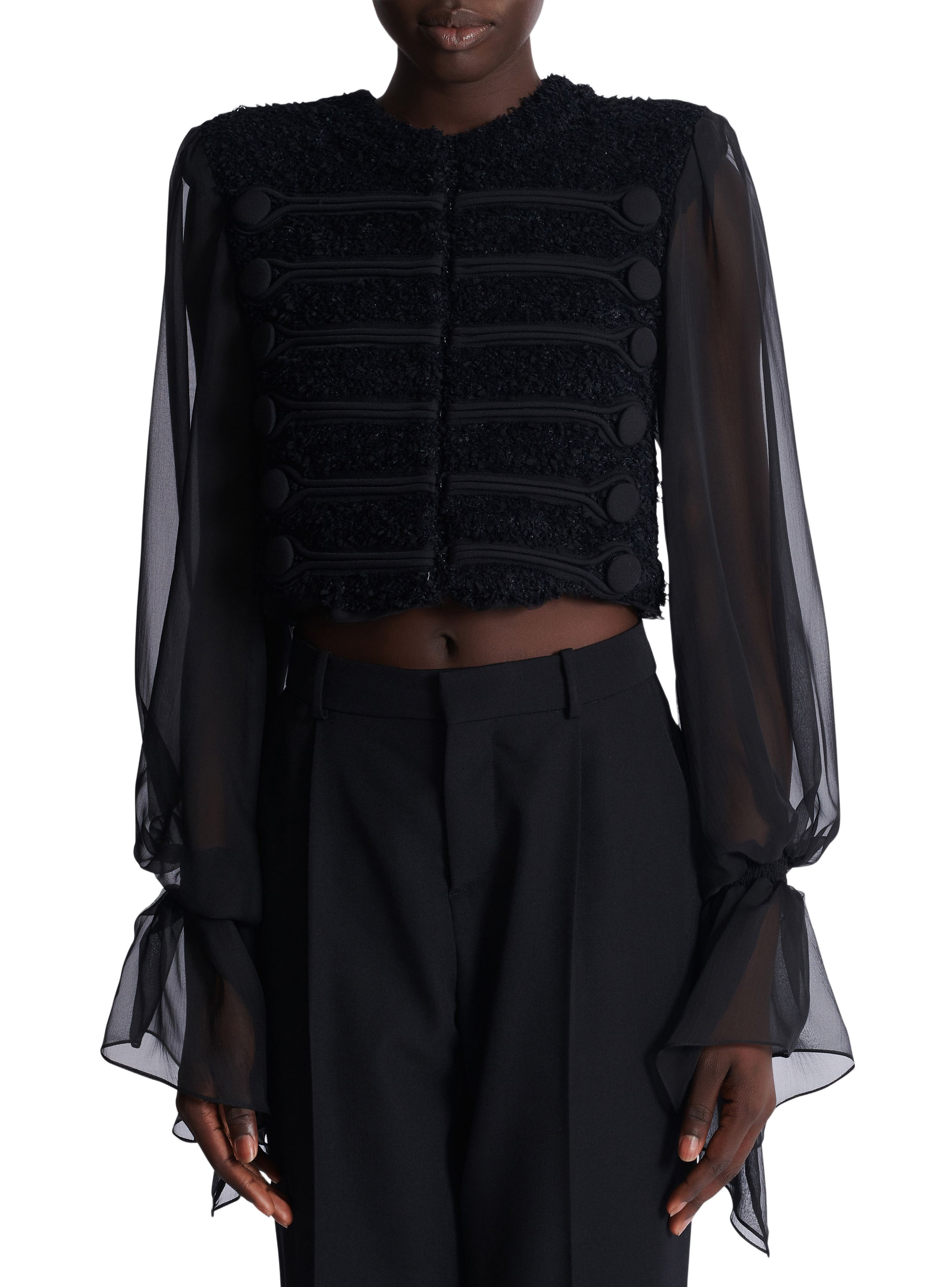 Veste bord à bord en tweed et mousseline BALMAIN Noir