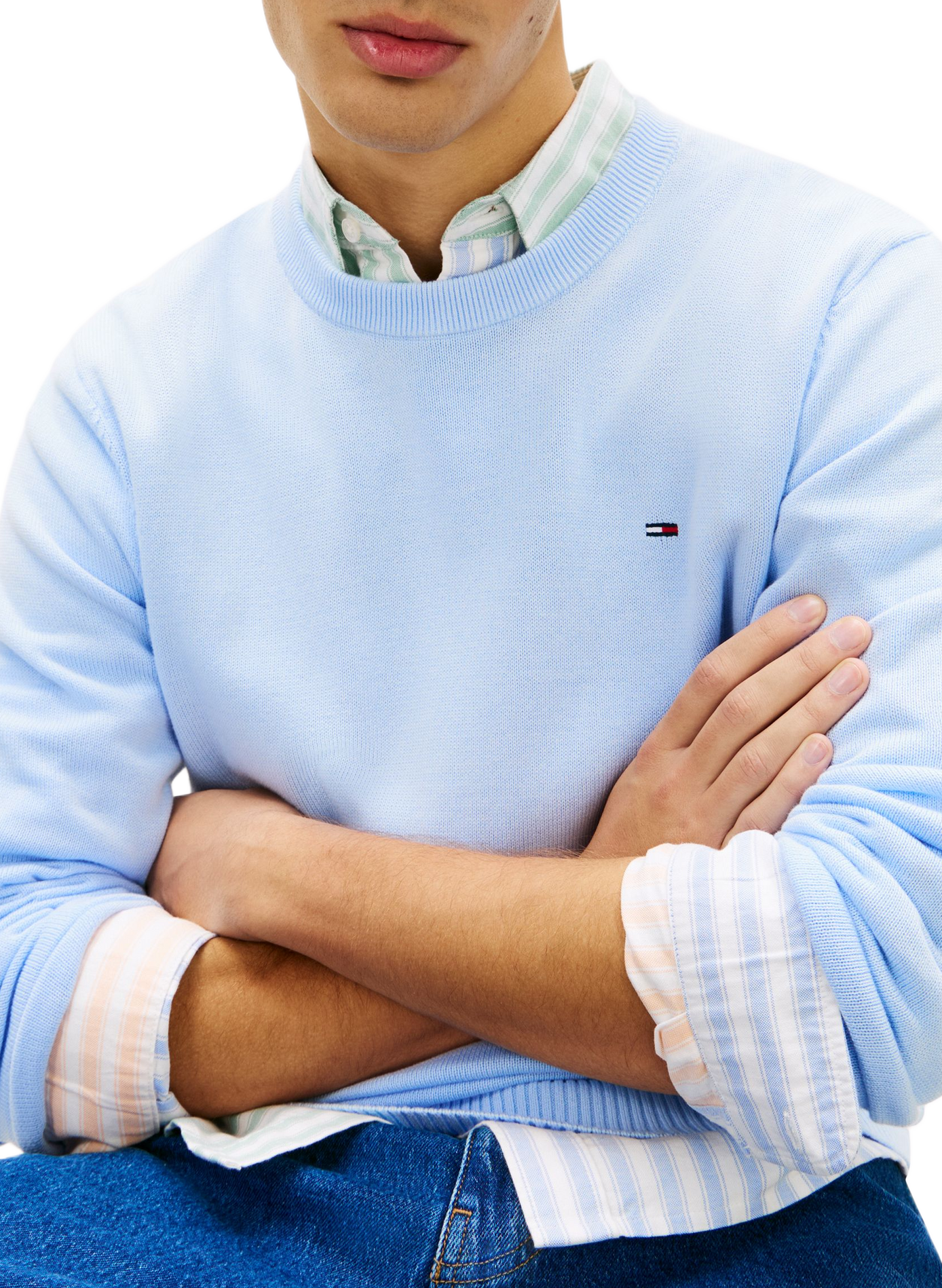 Round neck sweater with embroidered logo in cotton TOMMY HILFIGER Blue