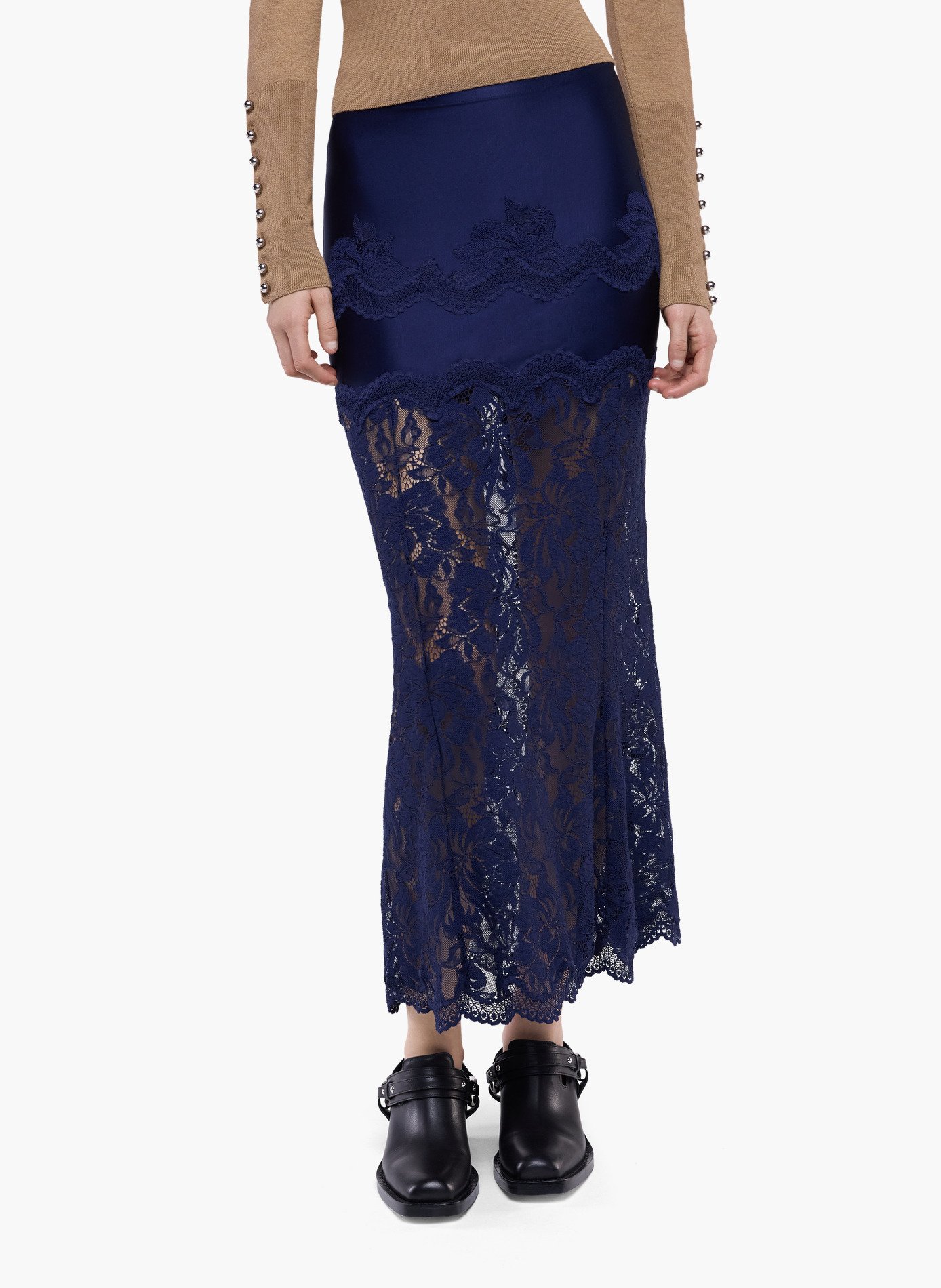 Jupe midi en dentelle et jersey RABANNE Bleu