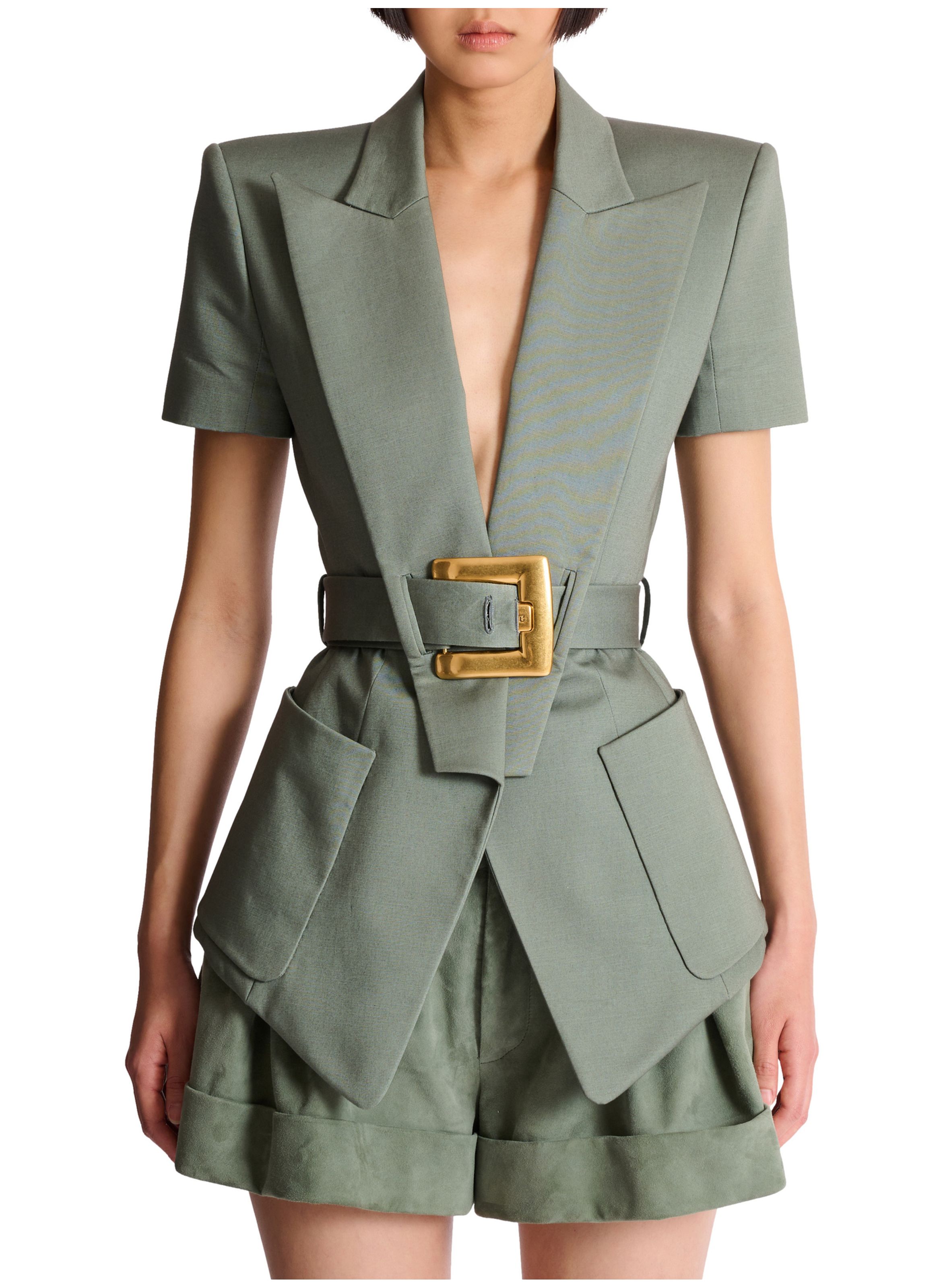 Veste anthem ceinturée en gabardine BALMAIN Vert