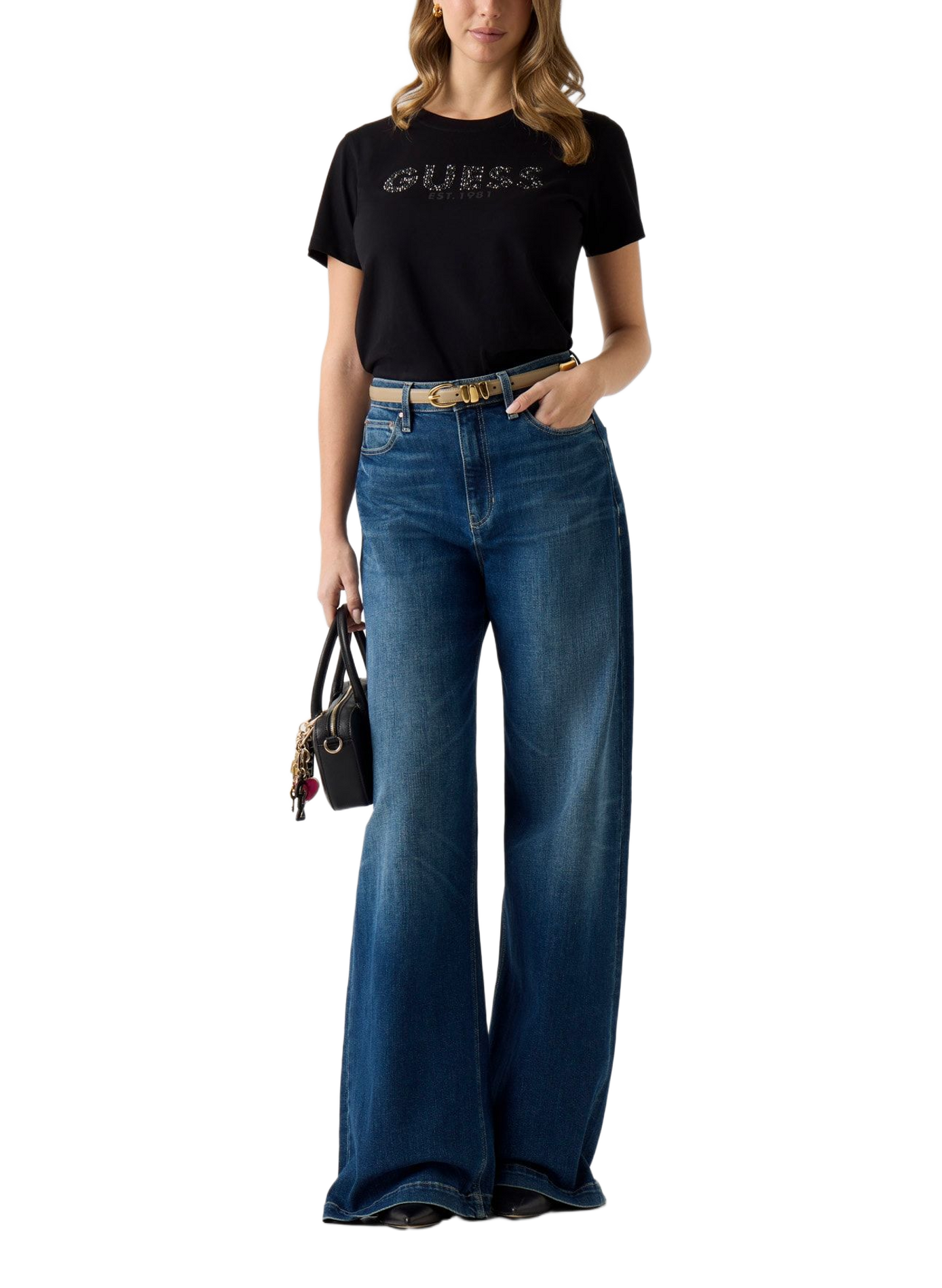 T-shirt à logo strass en coton  GUESS Noir