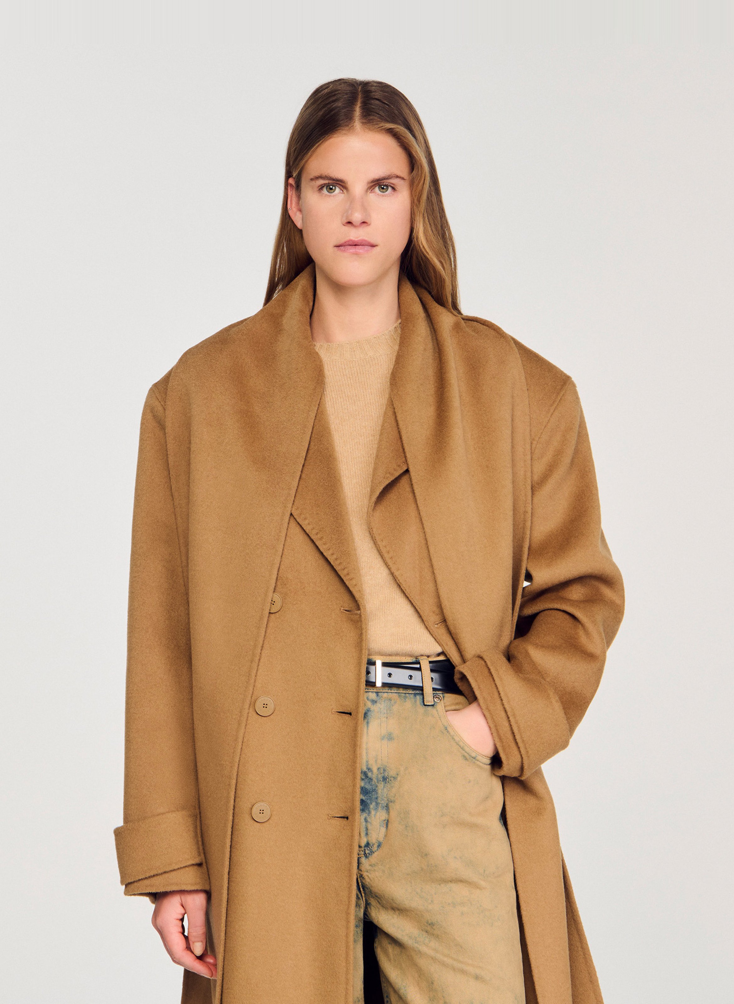 Manteau col à écharpe en laine SANDRO Marron