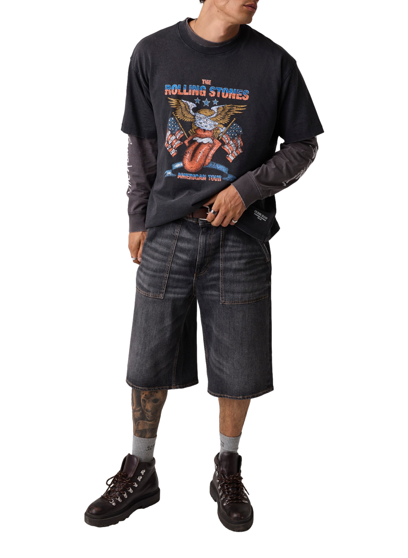 T-shirt droit col rond imprimé en coton GUESS Noir