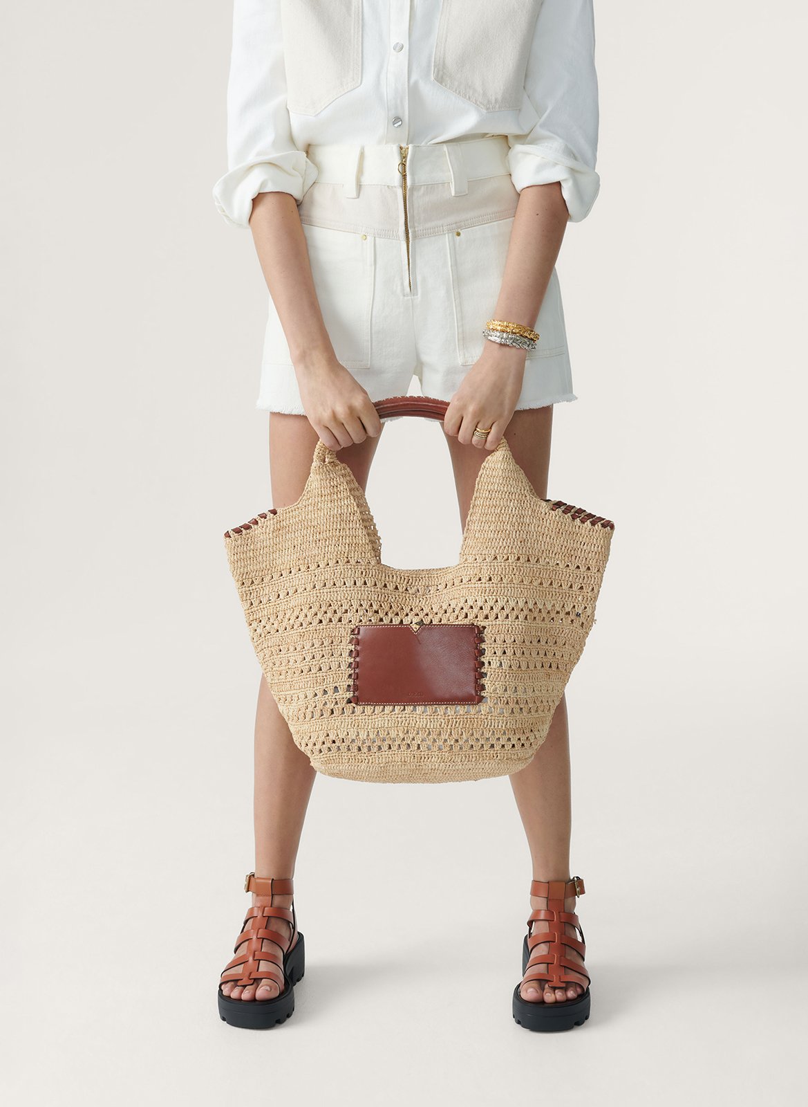 Sac cabas en paille et cuir ara BA&SH Marron