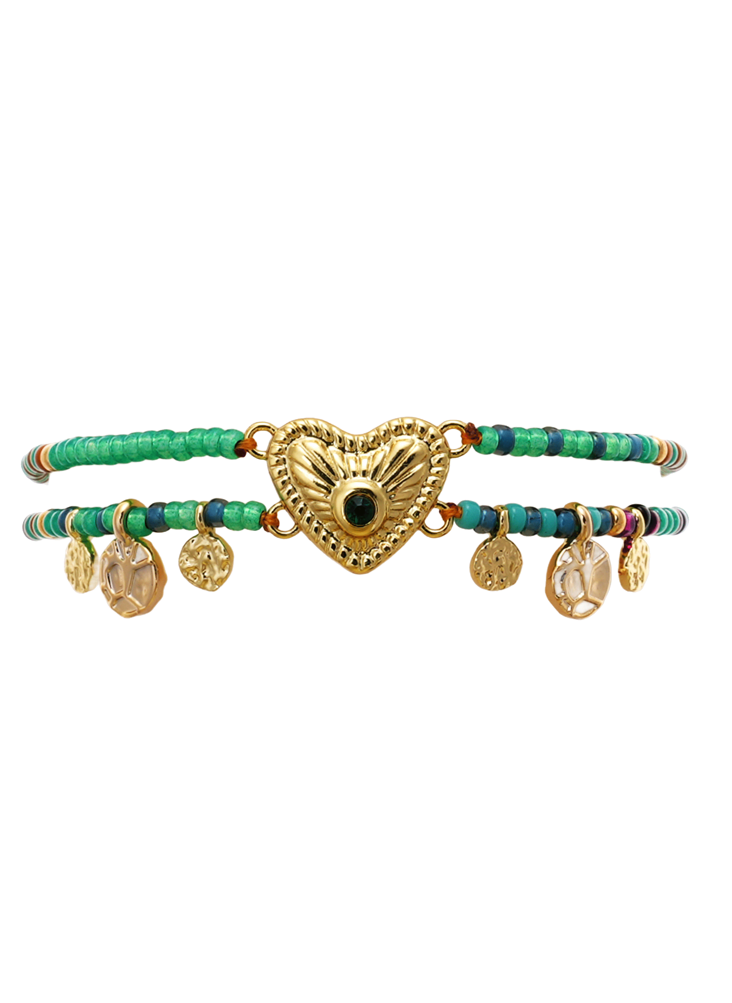 Bracelet multiliens réglable perles et pampilles avec cabochon cœur MACANOS HIPANEMA Vert
