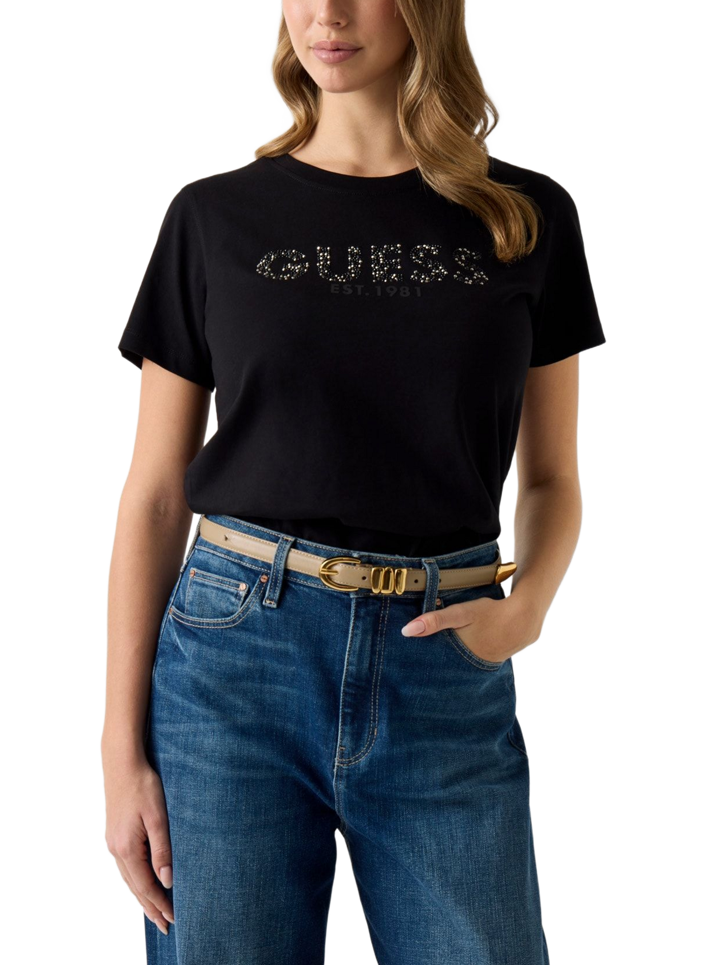 T-shirt à logo strass en coton  GUESS Noir