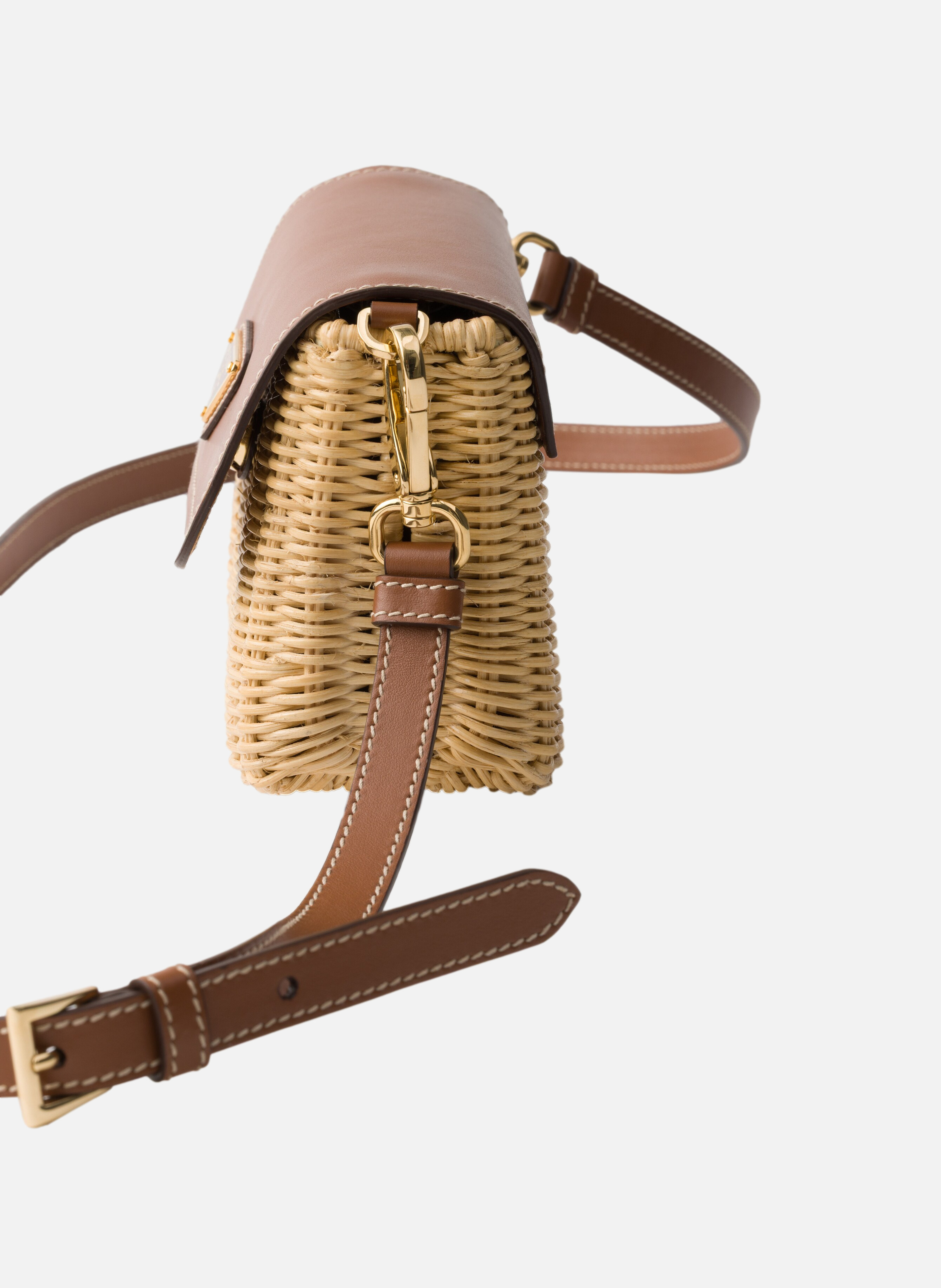 Petit sac porté épaule en osier et cuir PRADA Beige