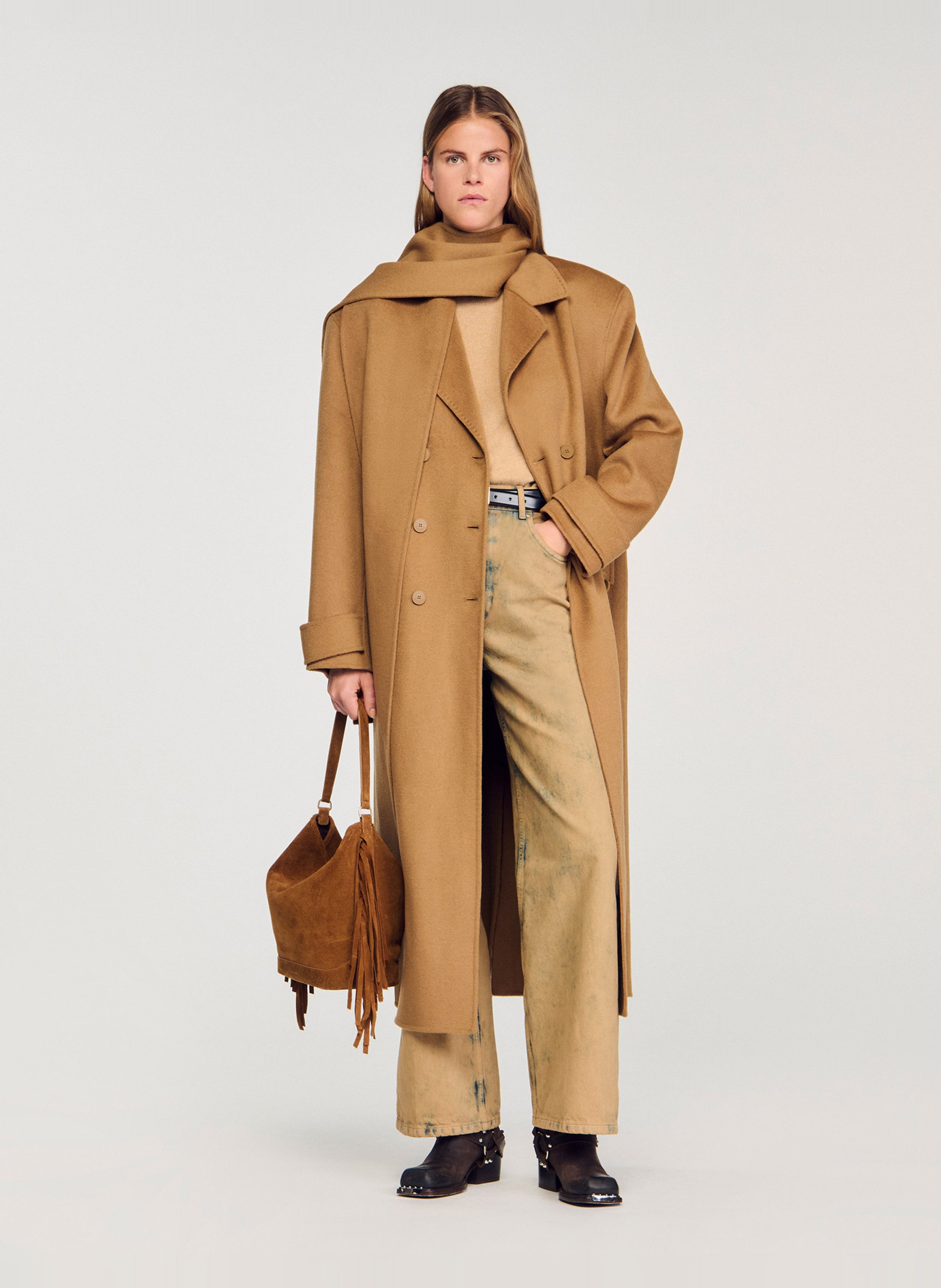 Manteau col à écharpe en laine SANDRO Marron